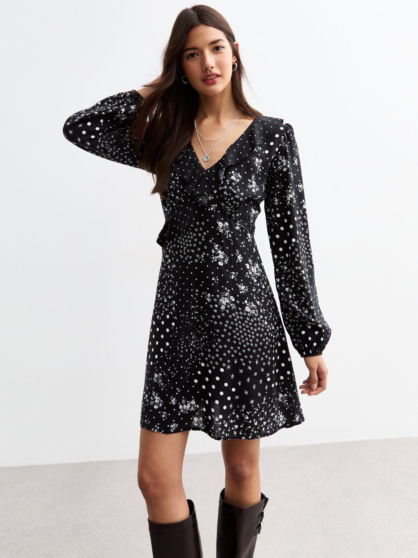 undefined Black Polka Dot And Floral Mini Dress - Print