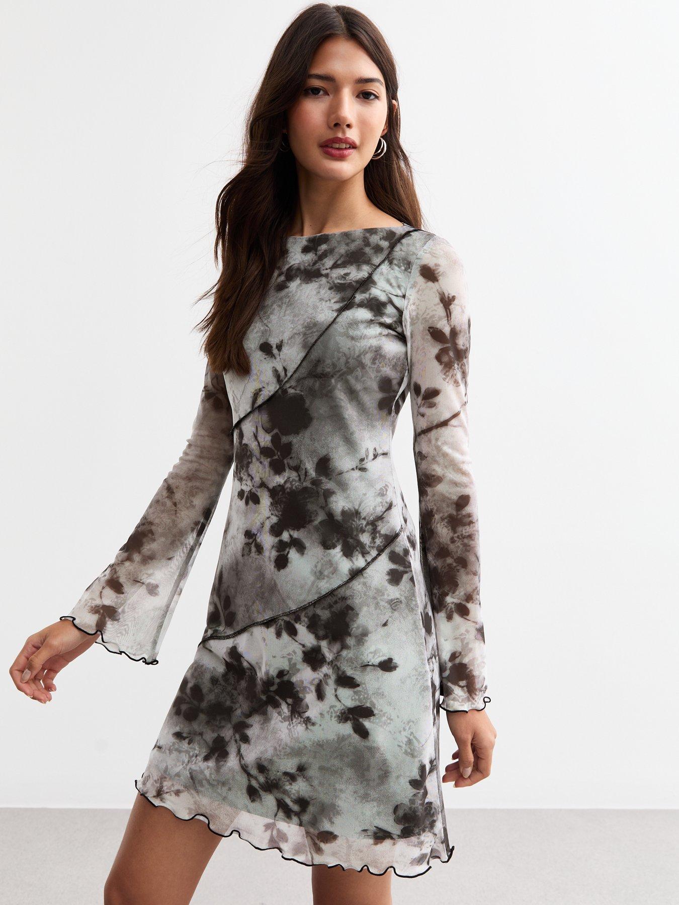 undefined Exposed Seam Mesh Mini Dress - Floral Print
