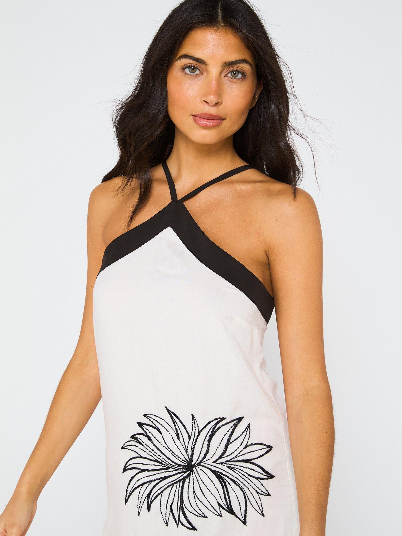  image of v-by-very-palm-embroidered-halter-midi-dress-cream