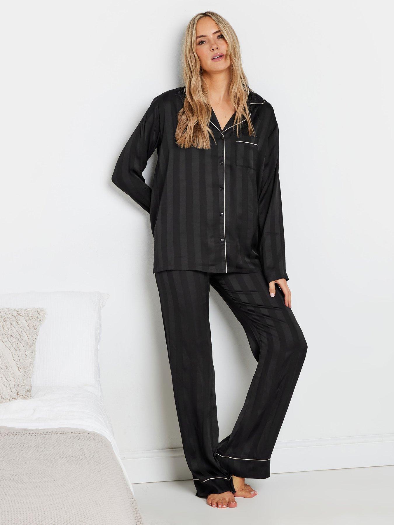 undefined Jacquard Stripe Satin Pyjama Set - Black