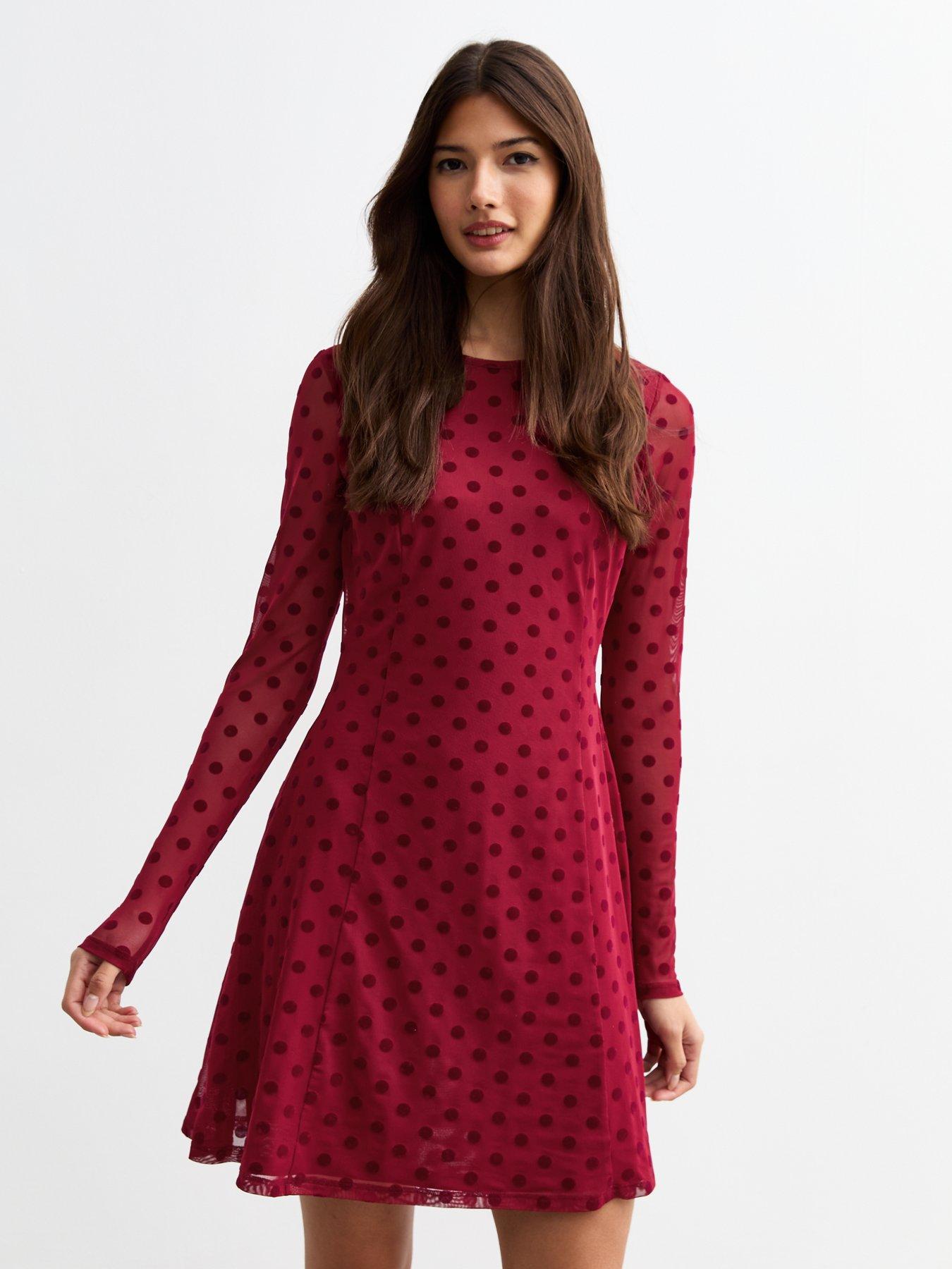 undefined Flocked Polka Dot Long Sleeve Mesh Dress - Red