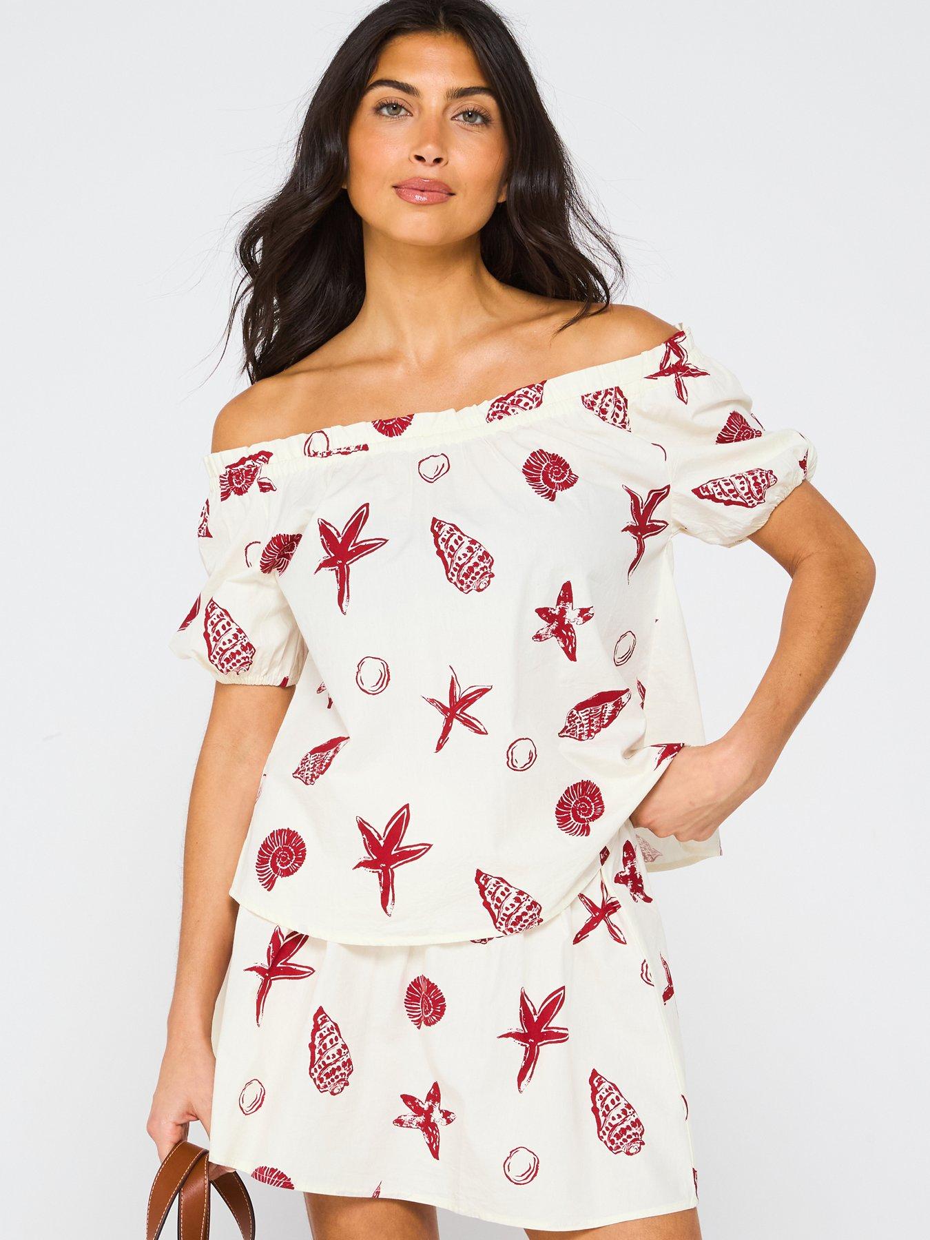 V by Very Shell Printed Tie Back Beach Top - Print