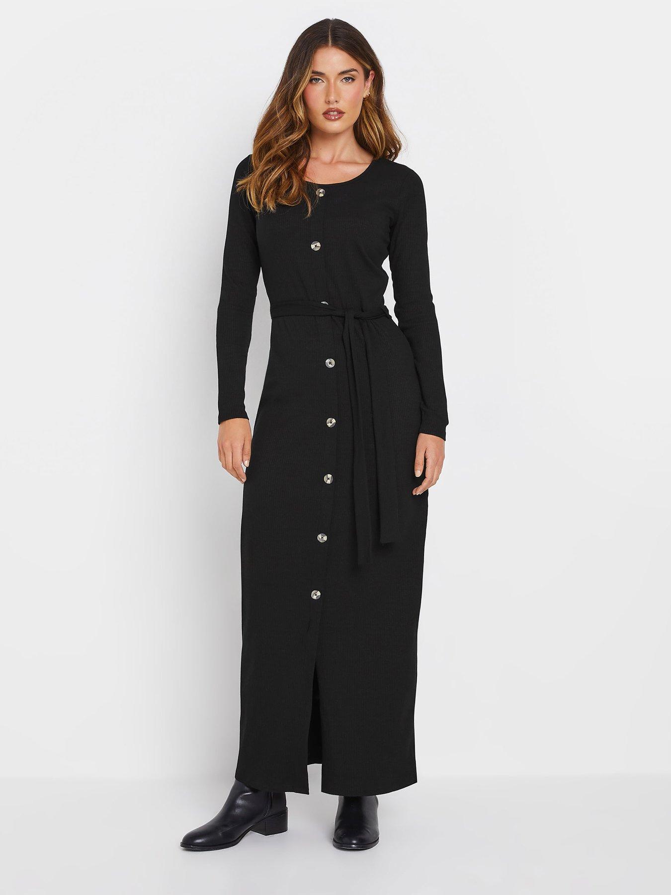 undefined Tall Long Sleeve Ribbed Button Maxi Dress - Black