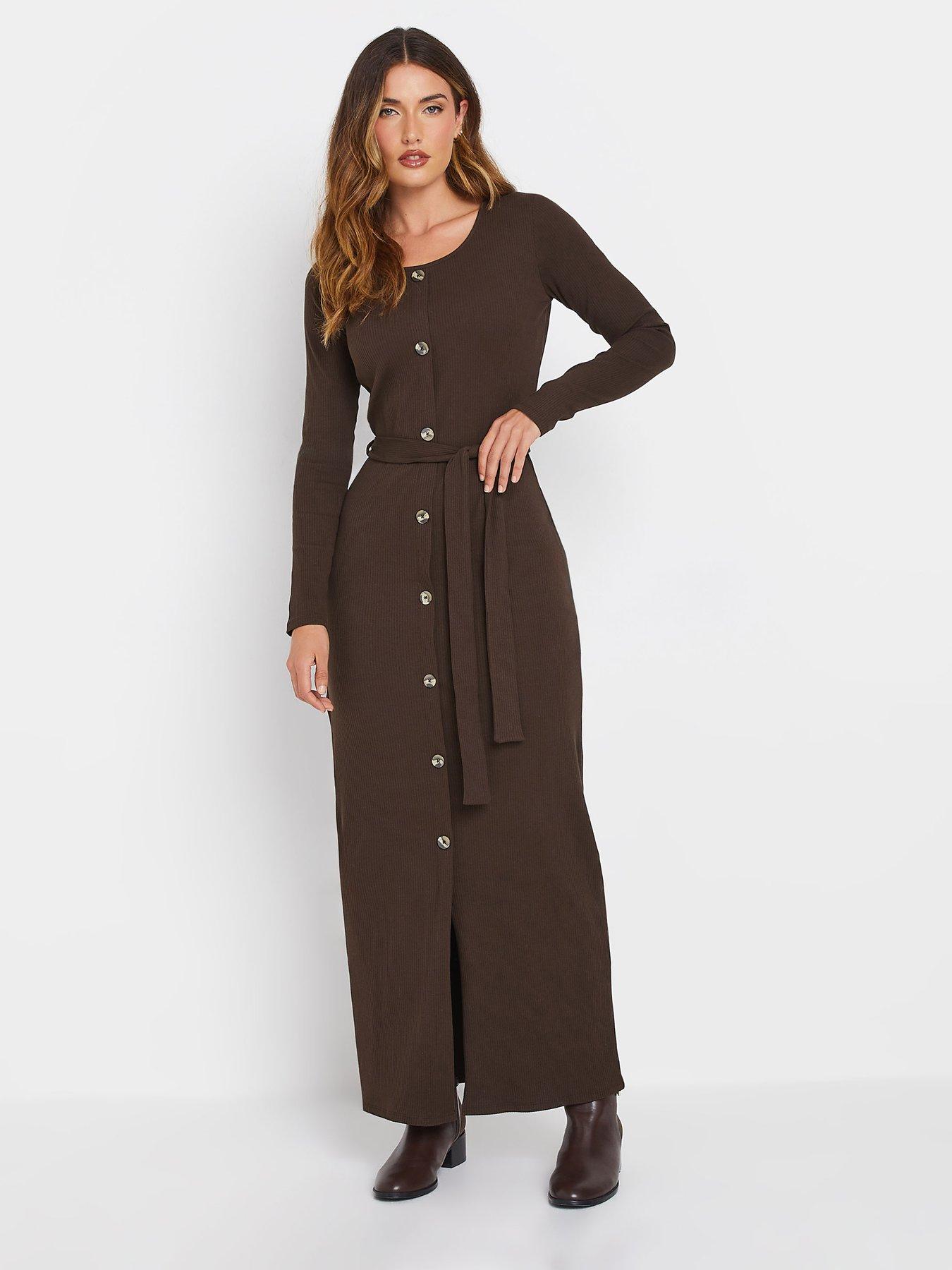 undefined Tall Long Sleeve Ribbed Button Maxi Dress - Brown
