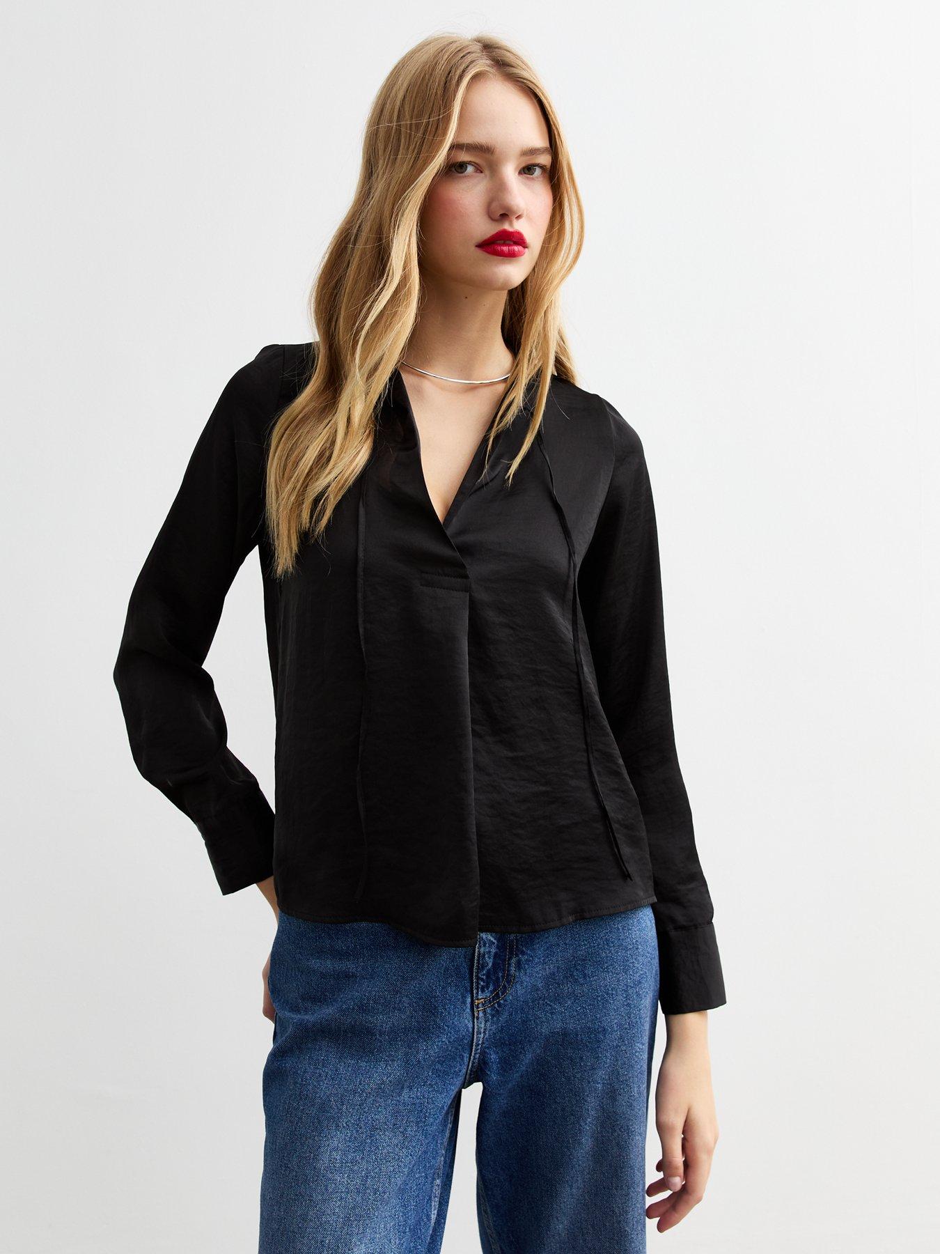 New Look Tie Neck Satin Top - Black