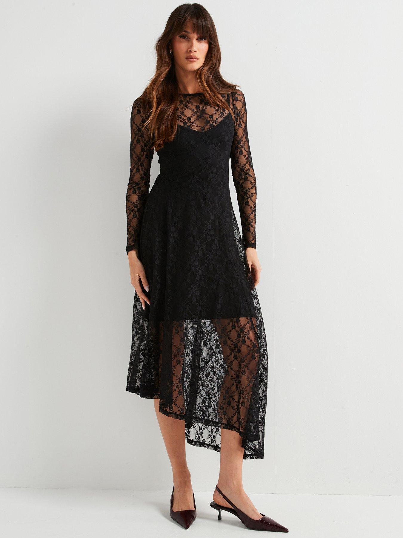 undefined Brooke Long Sleeve Jersey Lace Dress - Black