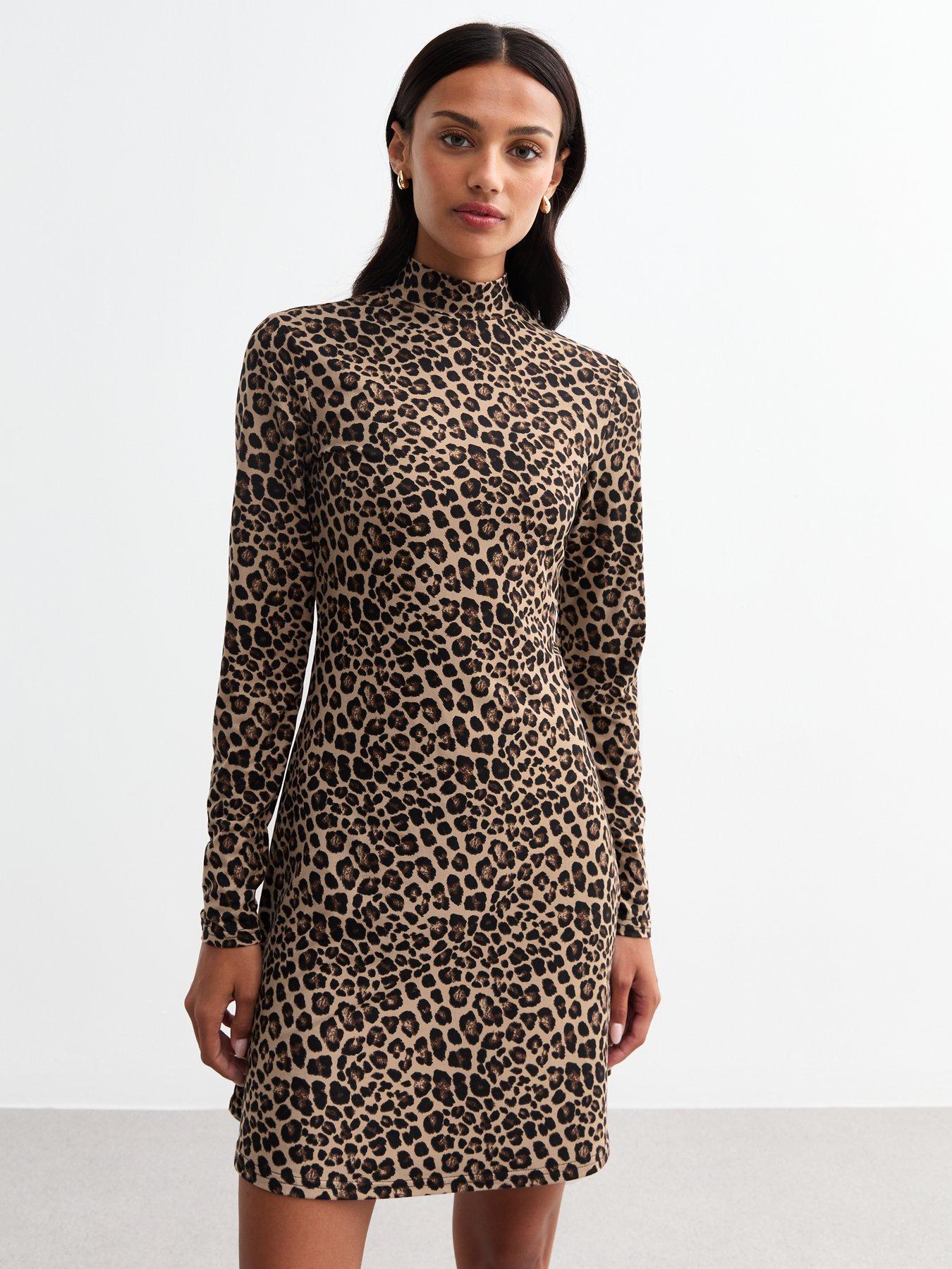 undefined Leopard Long Sleeve Mini Dress - Brown