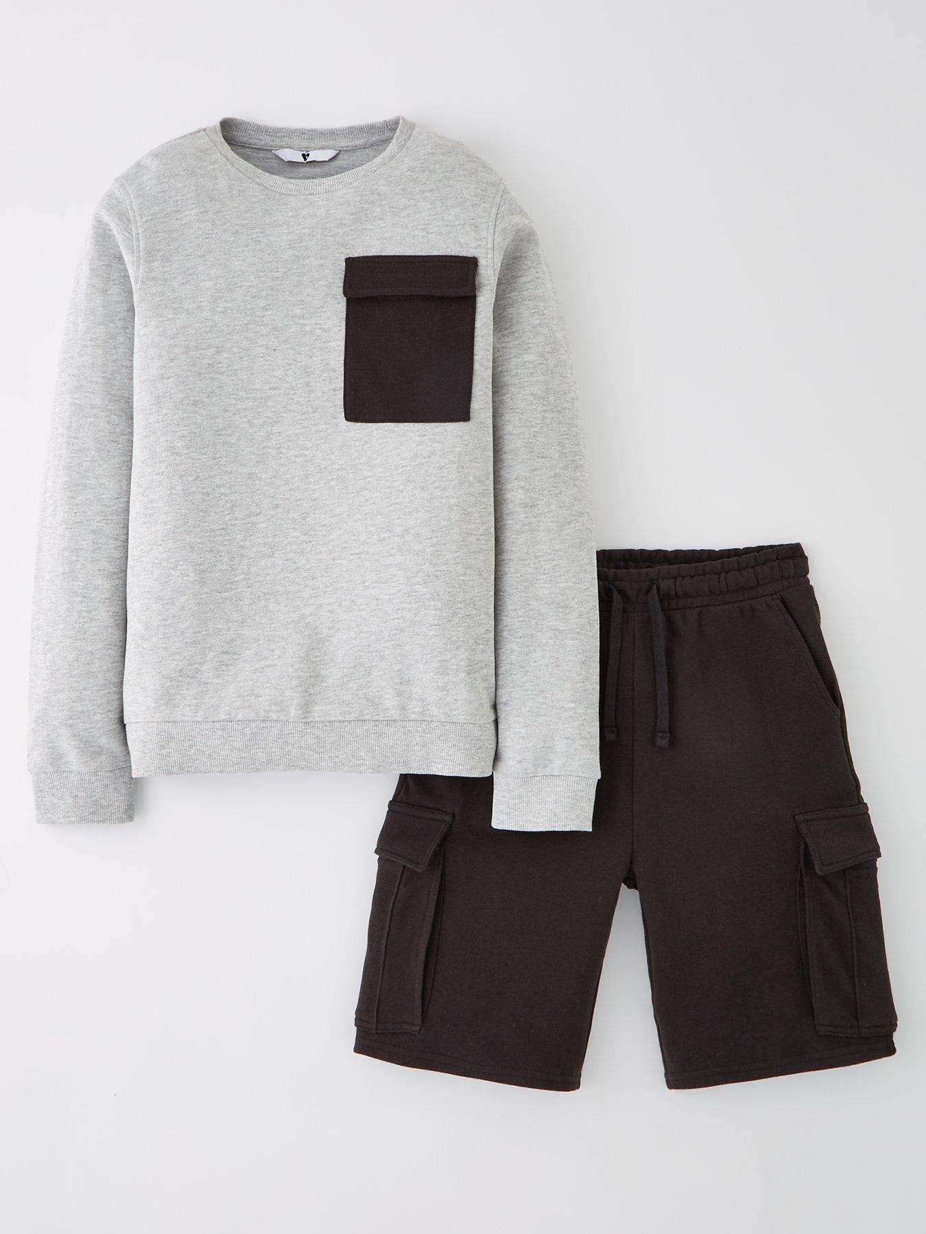  image of v-by-very-boys-sweat-top-and-short-set-grey-marlnavy