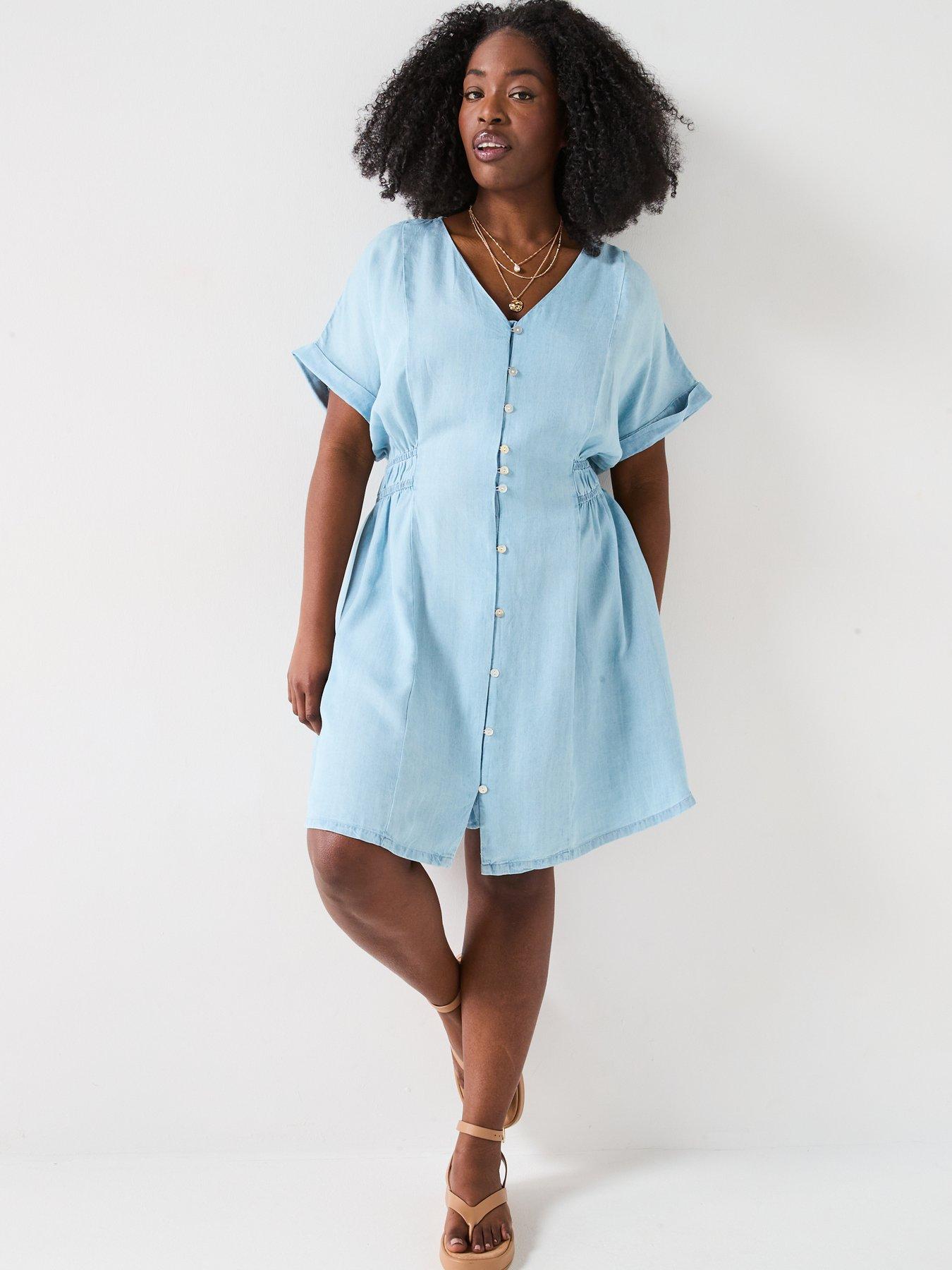  image of v-by-very-curve-waist-detail-soft-denim-mini-dress-blue