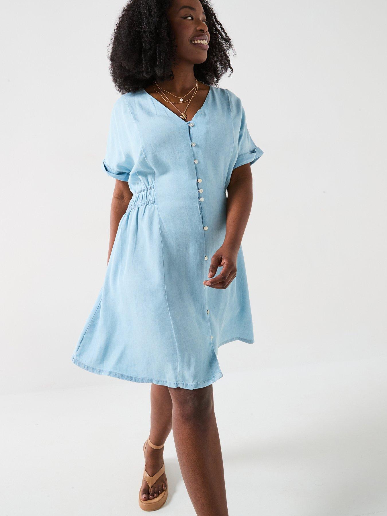  image of v-by-very-curve-waist-detail-soft-denim-mini-dress-blue