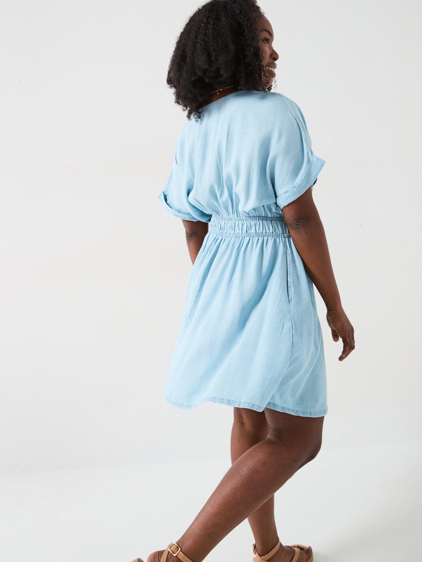  image of v-by-very-curve-waist-detail-soft-denim-mini-dress-blue