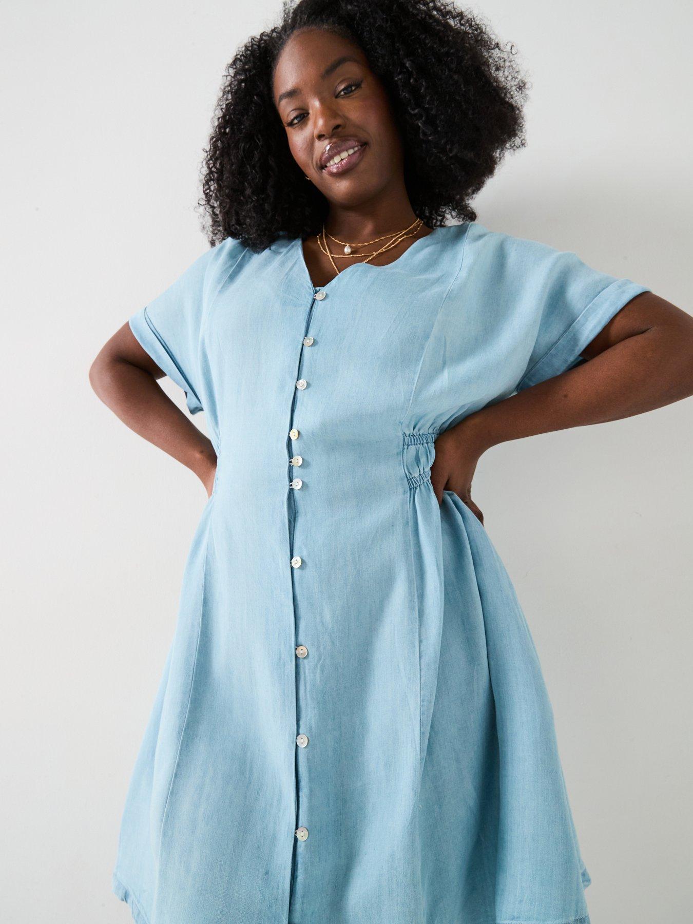  image of v-by-very-curve-waist-detail-soft-denim-mini-dress-blue