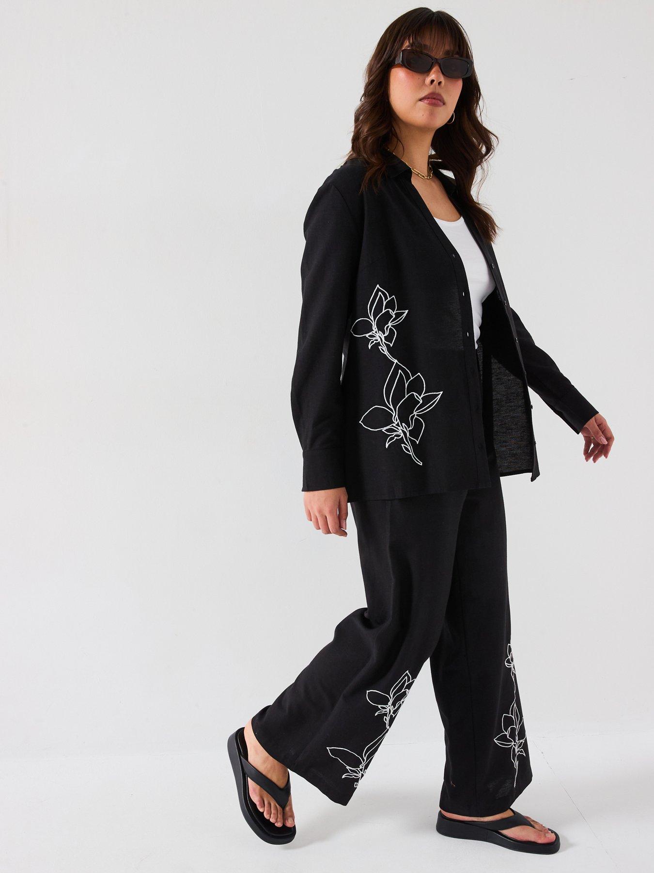 undefined Placement Embroidered Longline Shirt Co-Ord - Black