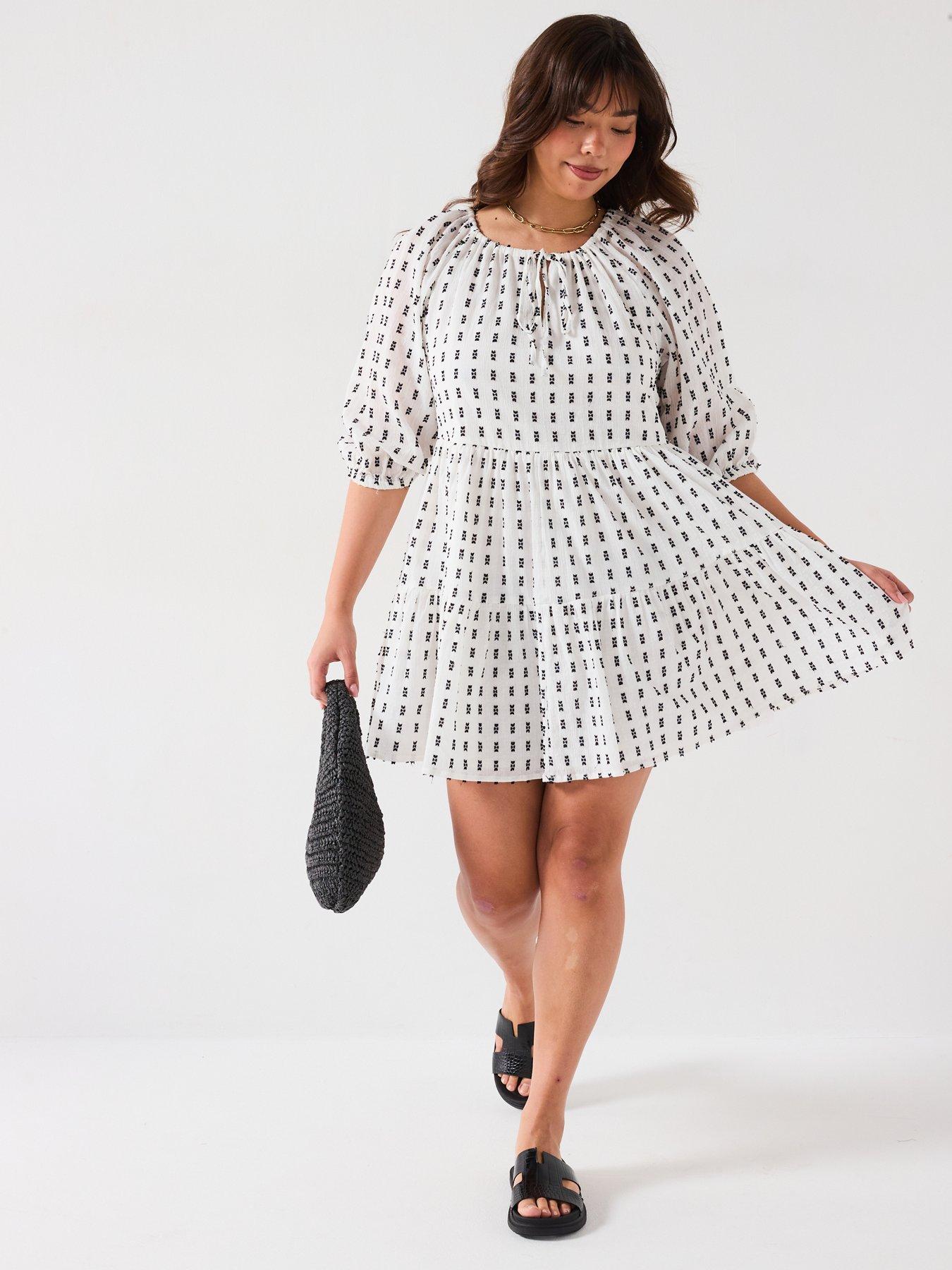 Image 3 of 6 of V by Very Curve Textured Cotton Smock Mini Dress - White/Black
