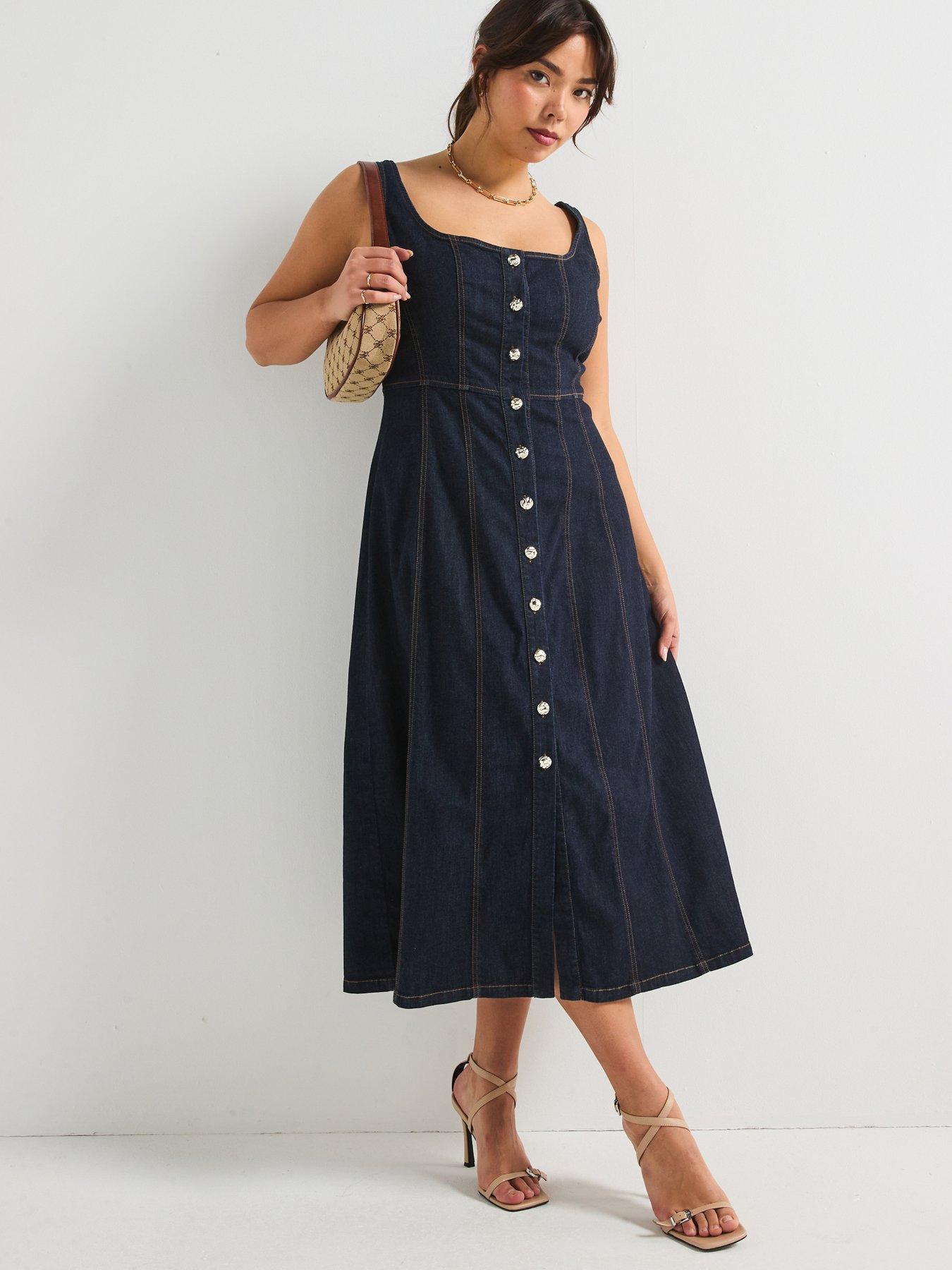v-by-very-curve-button-through-fit-amp-flare-denim-dress-indigo