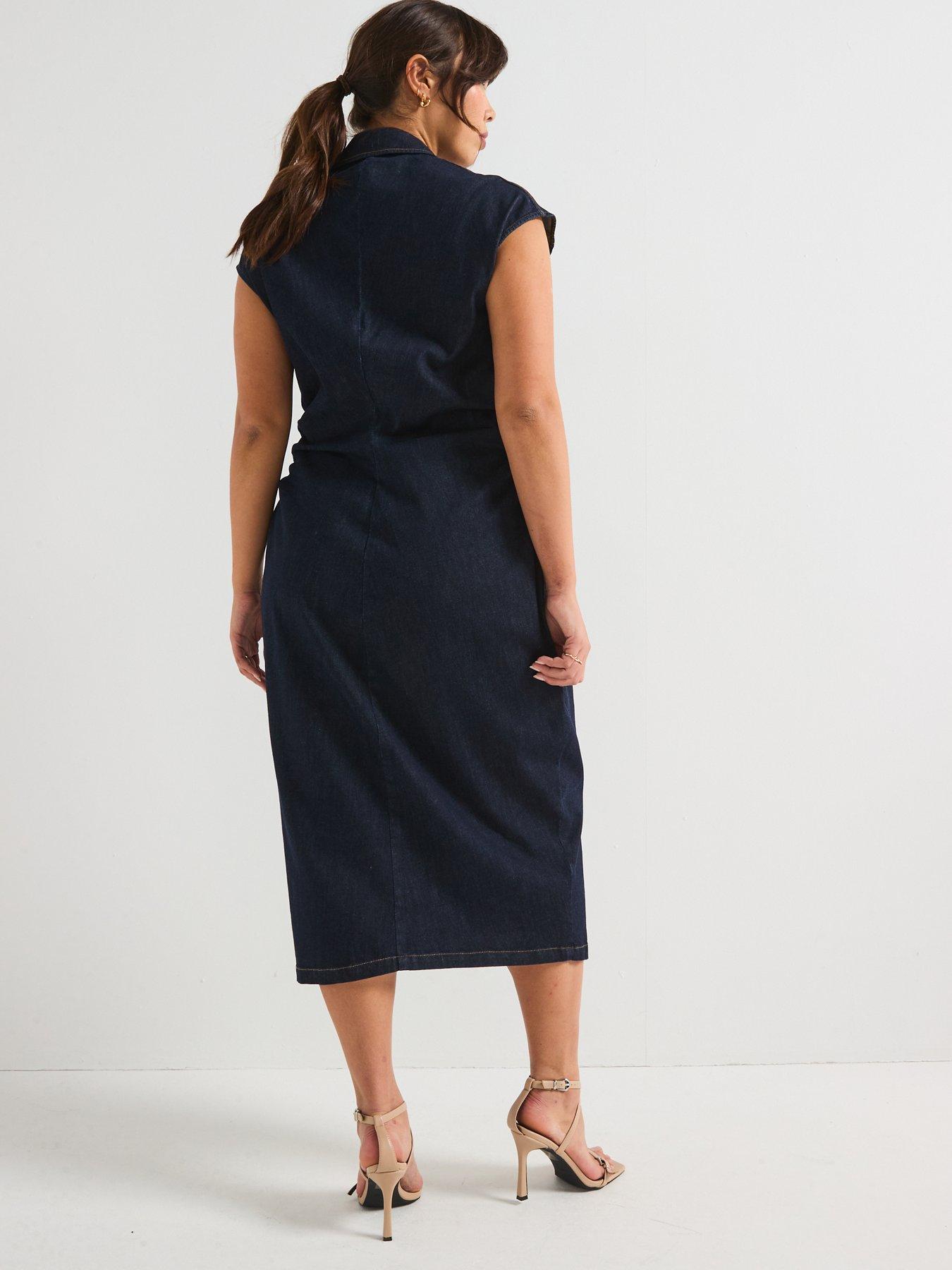  image of v-by-very-curve-denim-button-through-pencil-dress-indigo