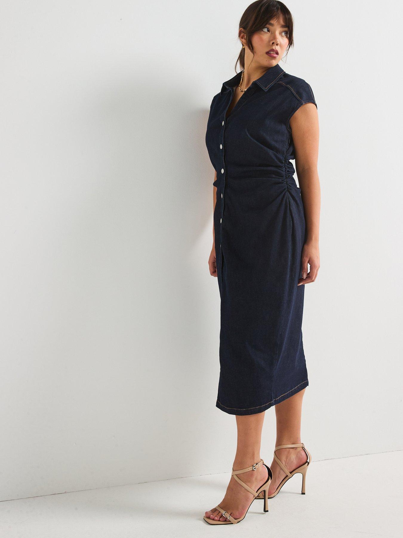  image of v-by-very-curve-denim-button-through-pencil-dress-indigo