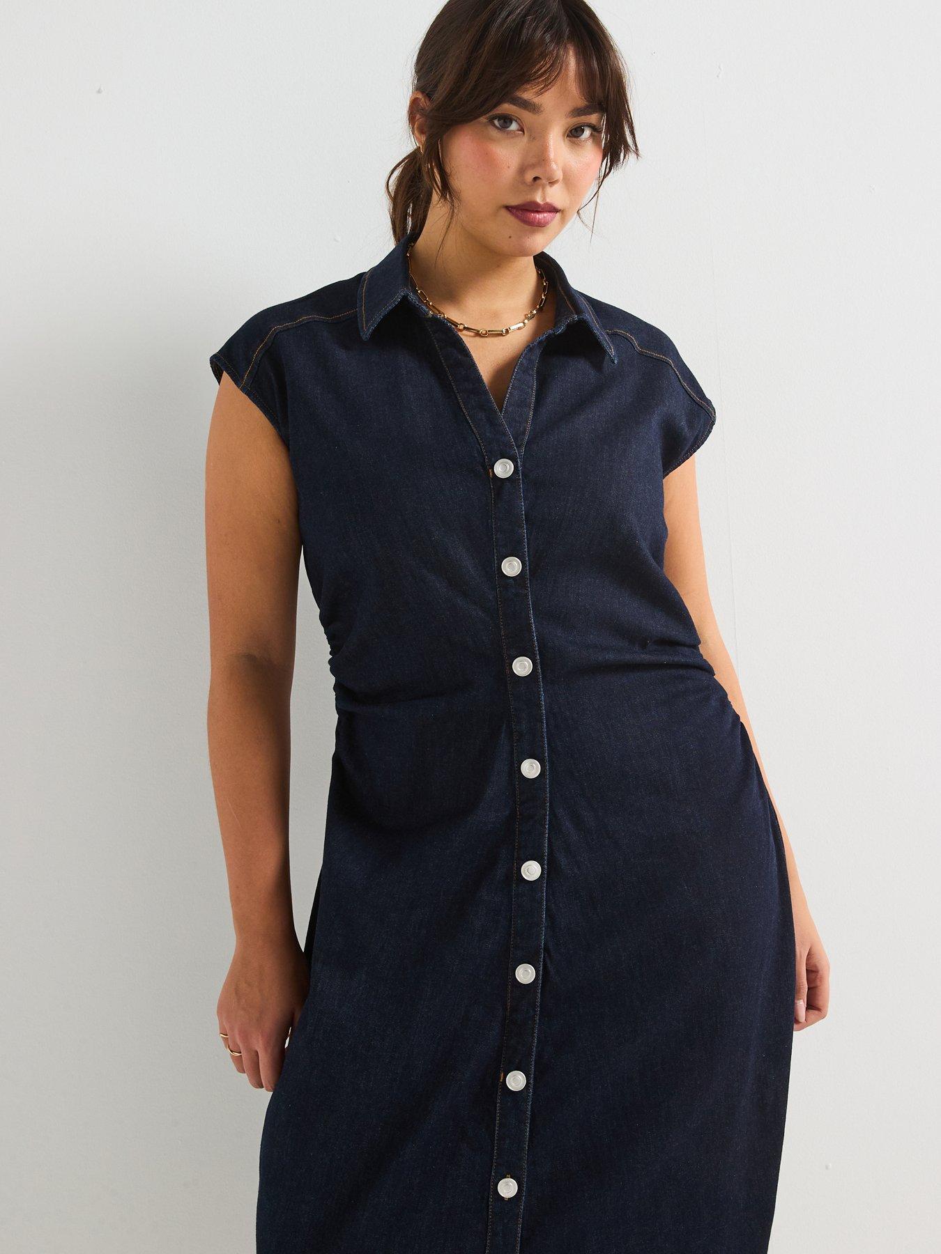  image of v-by-very-curve-denim-button-through-pencil-dress-indigo