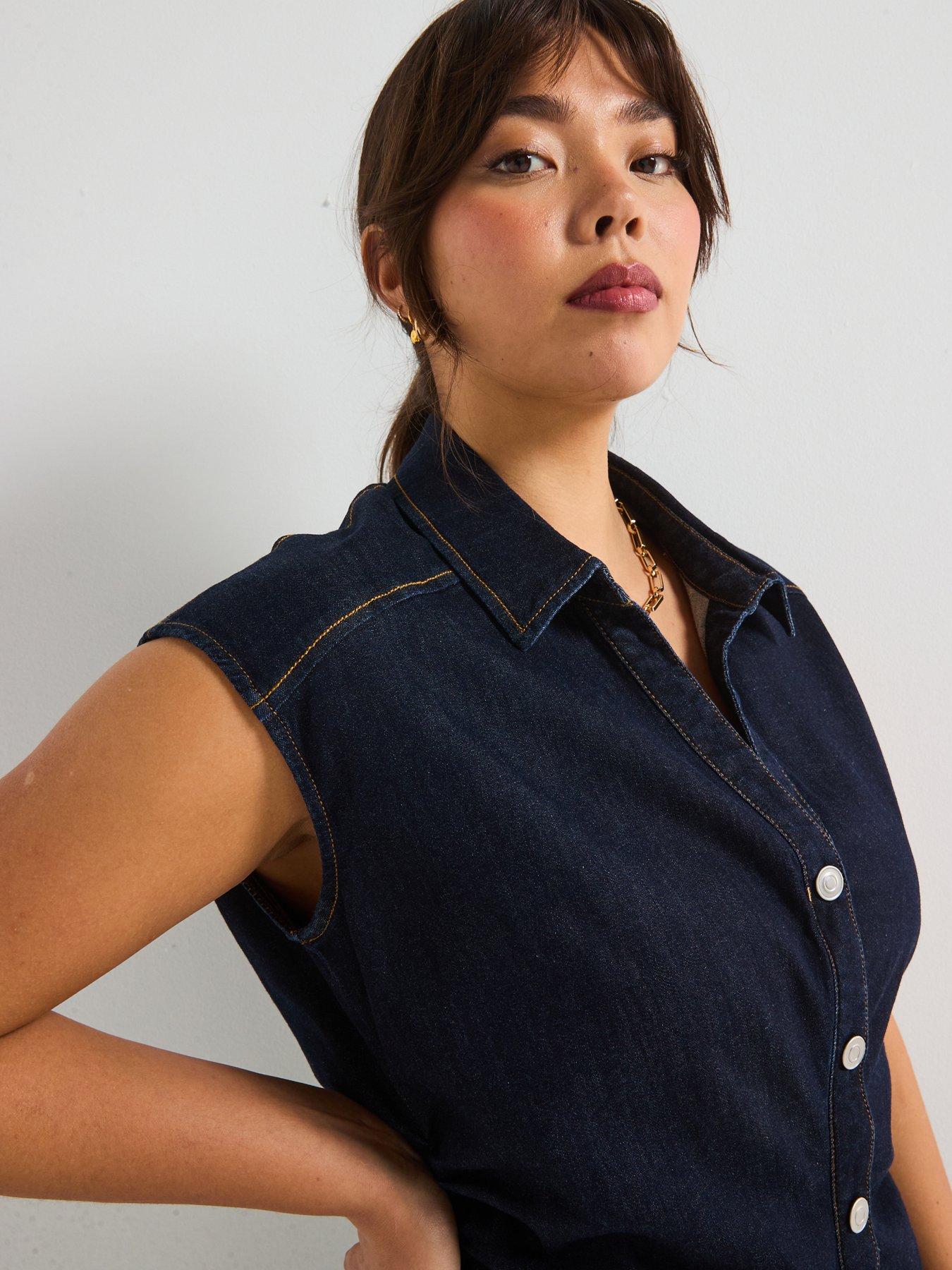  image of v-by-very-curve-denim-button-through-pencil-dress-indigo