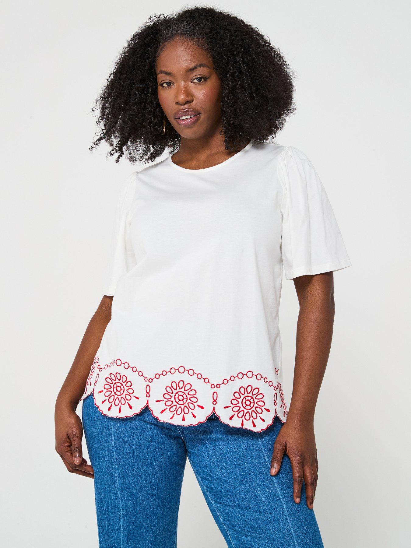 front image of v-by-very-curve-embroidered-hem-t-shirt