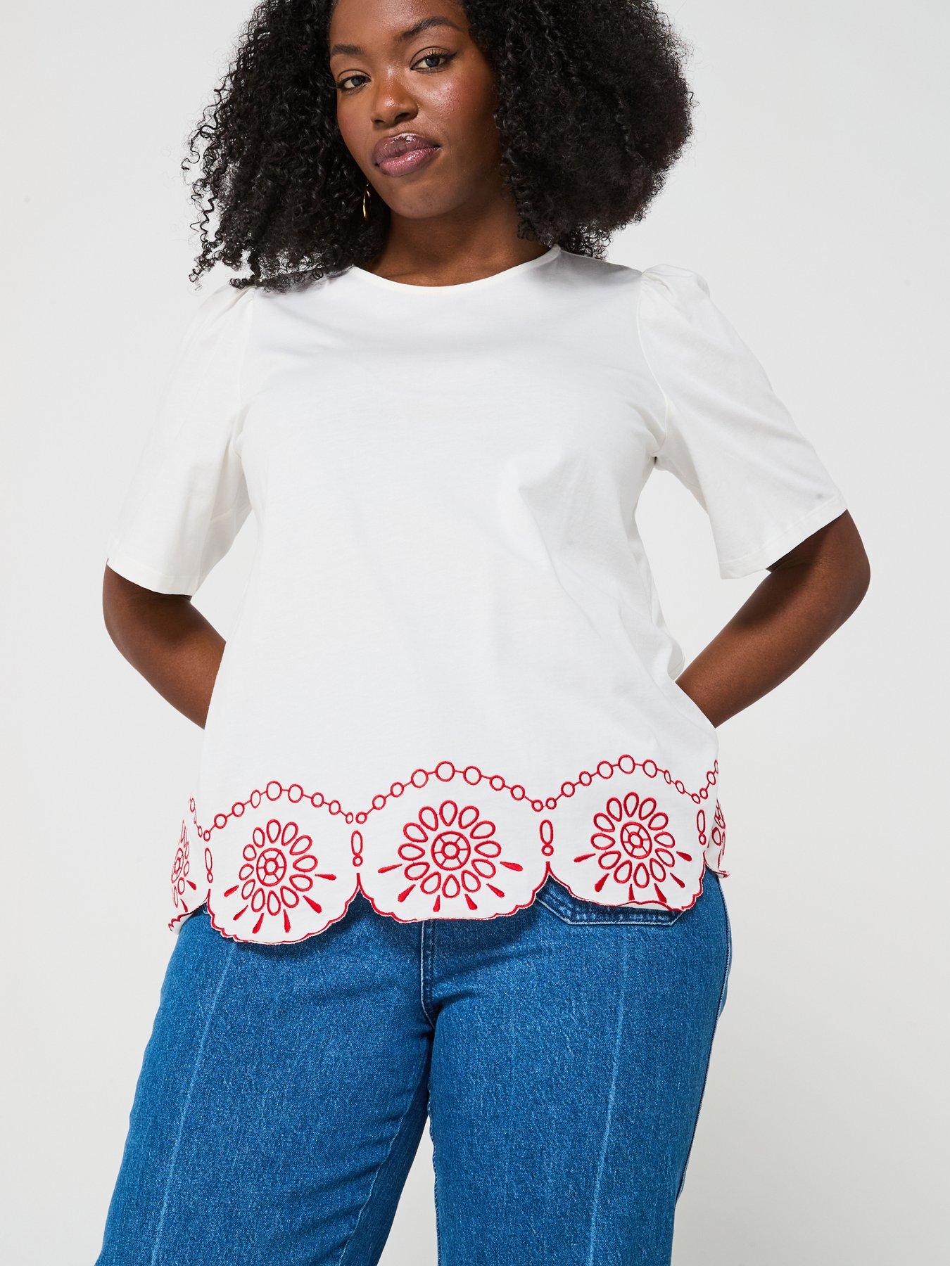  image of v-by-very-curve-embroidered-hem-t-shirt