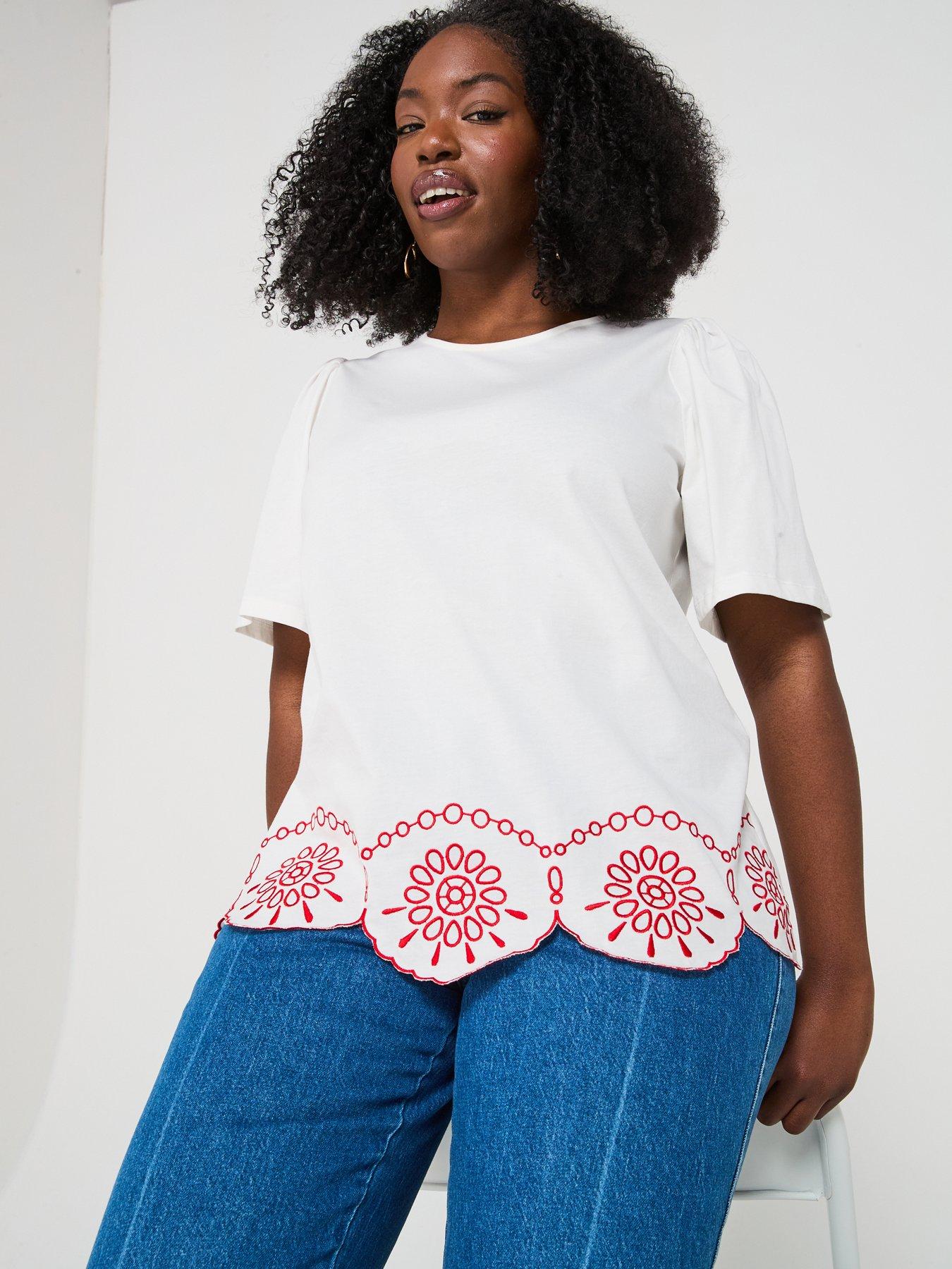  image of v-by-very-curve-embroidered-hem-t-shirt