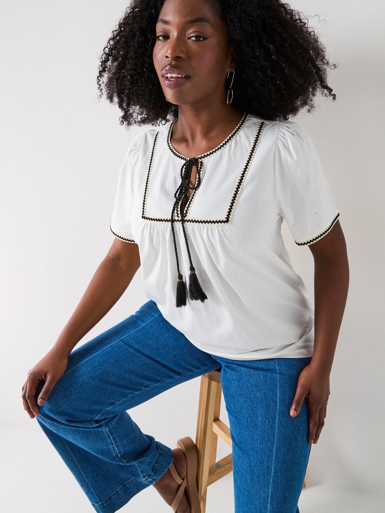  image of v-by-very-curve-stitch-amp-tassel-detail-t-shirt-white