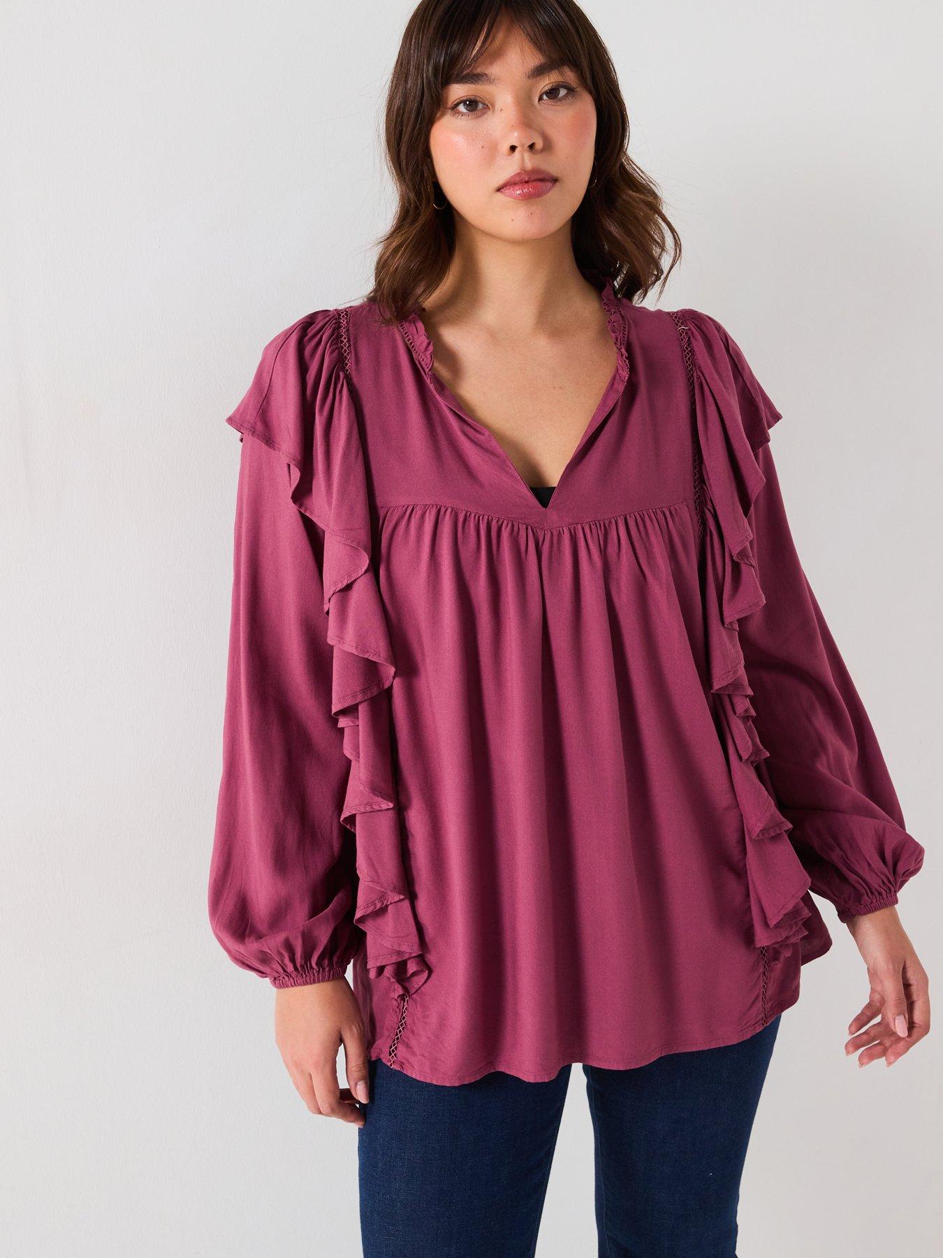 v-by-very-curve-ruffle-detail-printed-blouse-pink