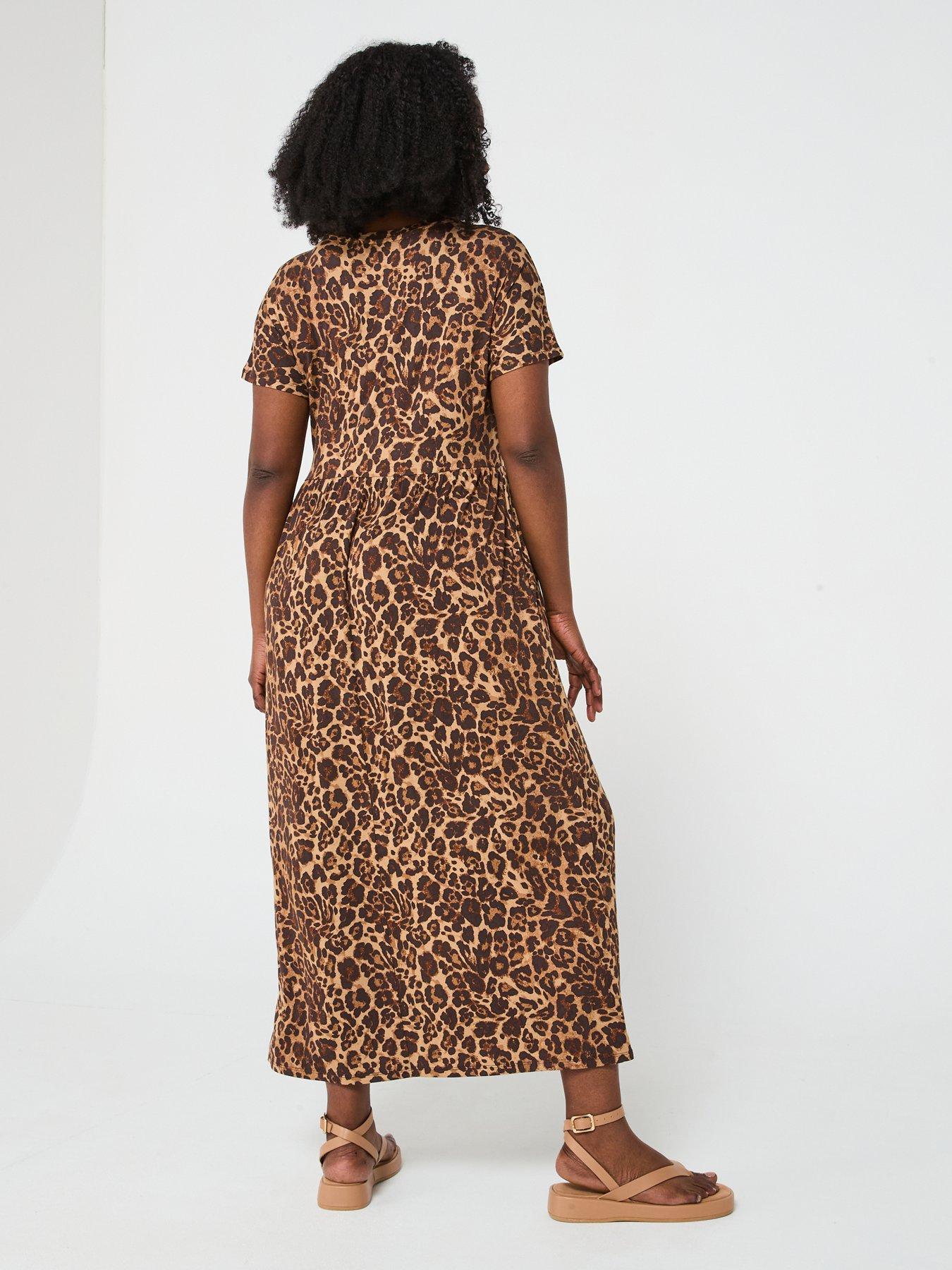  image of v-by-very-curve-short-sleeve-stretch-midaxi-dress-animal-print