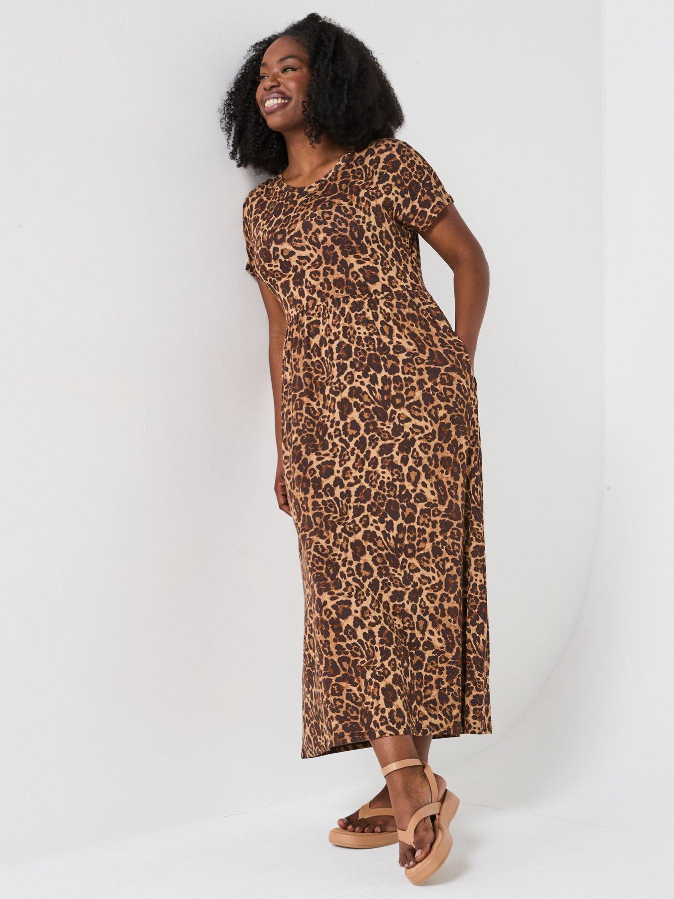  image of v-by-very-curve-short-sleeve-stretch-midaxi-dress-animal-print