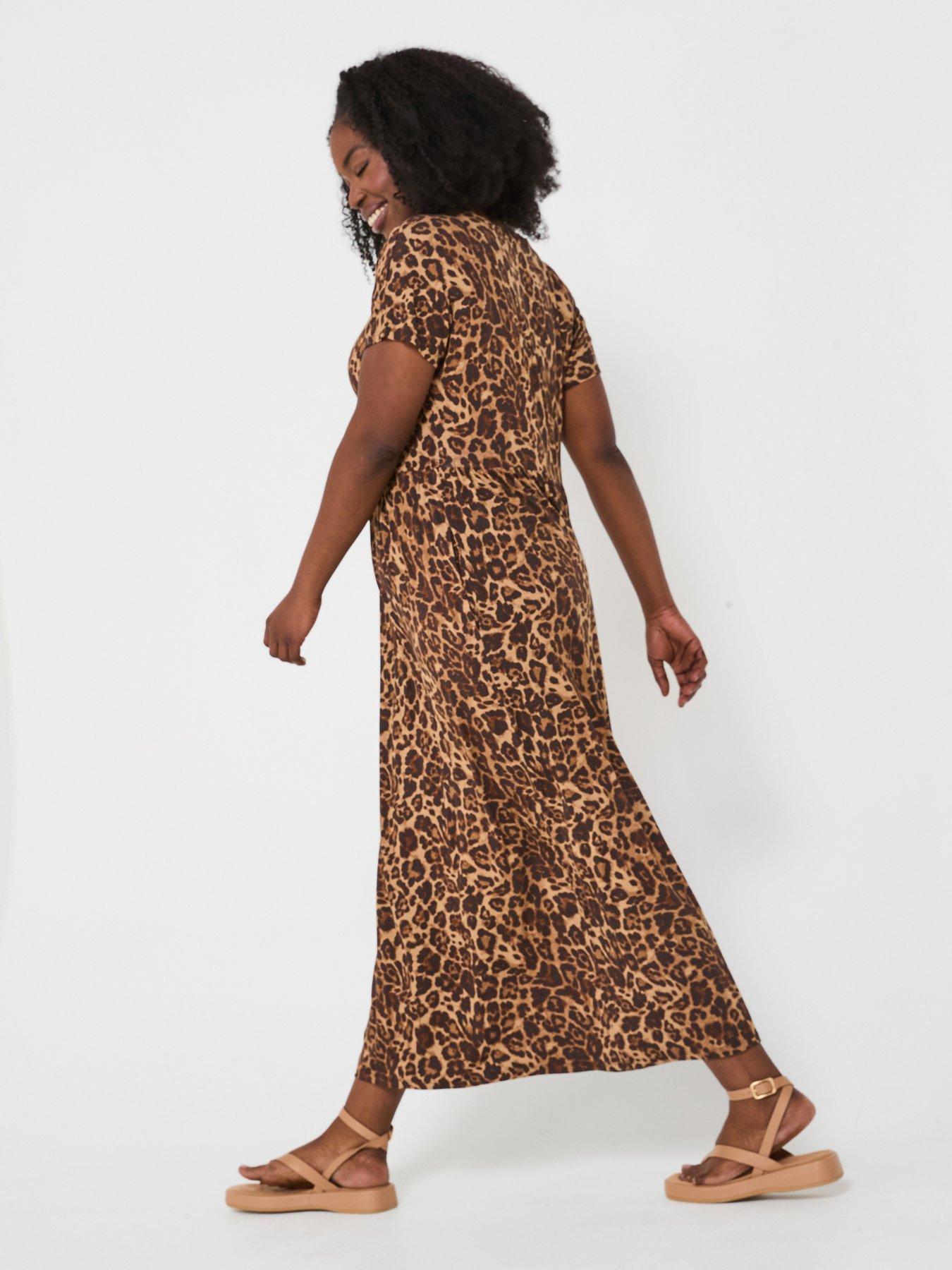  image of v-by-very-curve-short-sleeve-stretch-midaxi-dress-animal-print