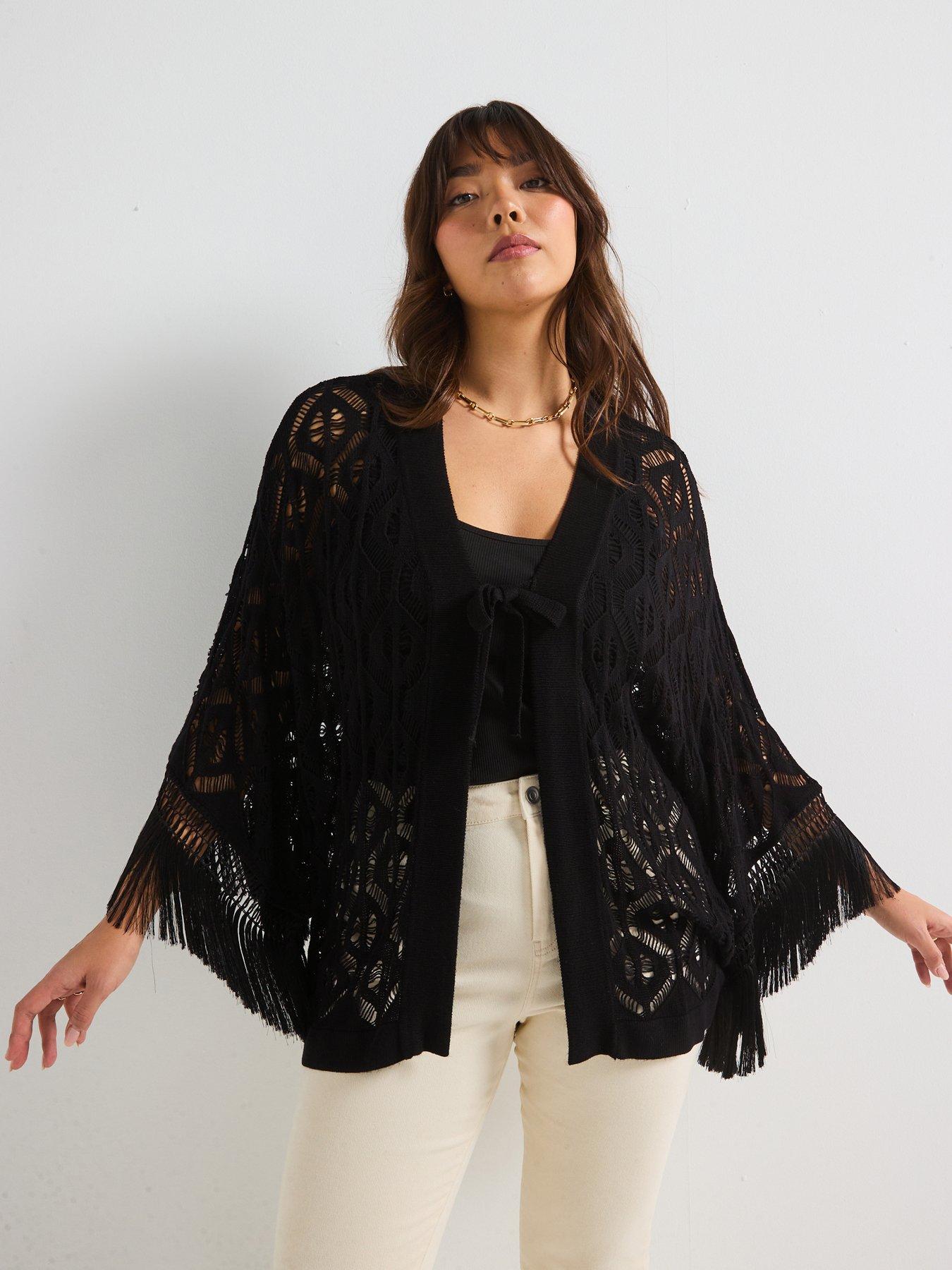 v-by-very-curve-fringed-knitted-kimono-black