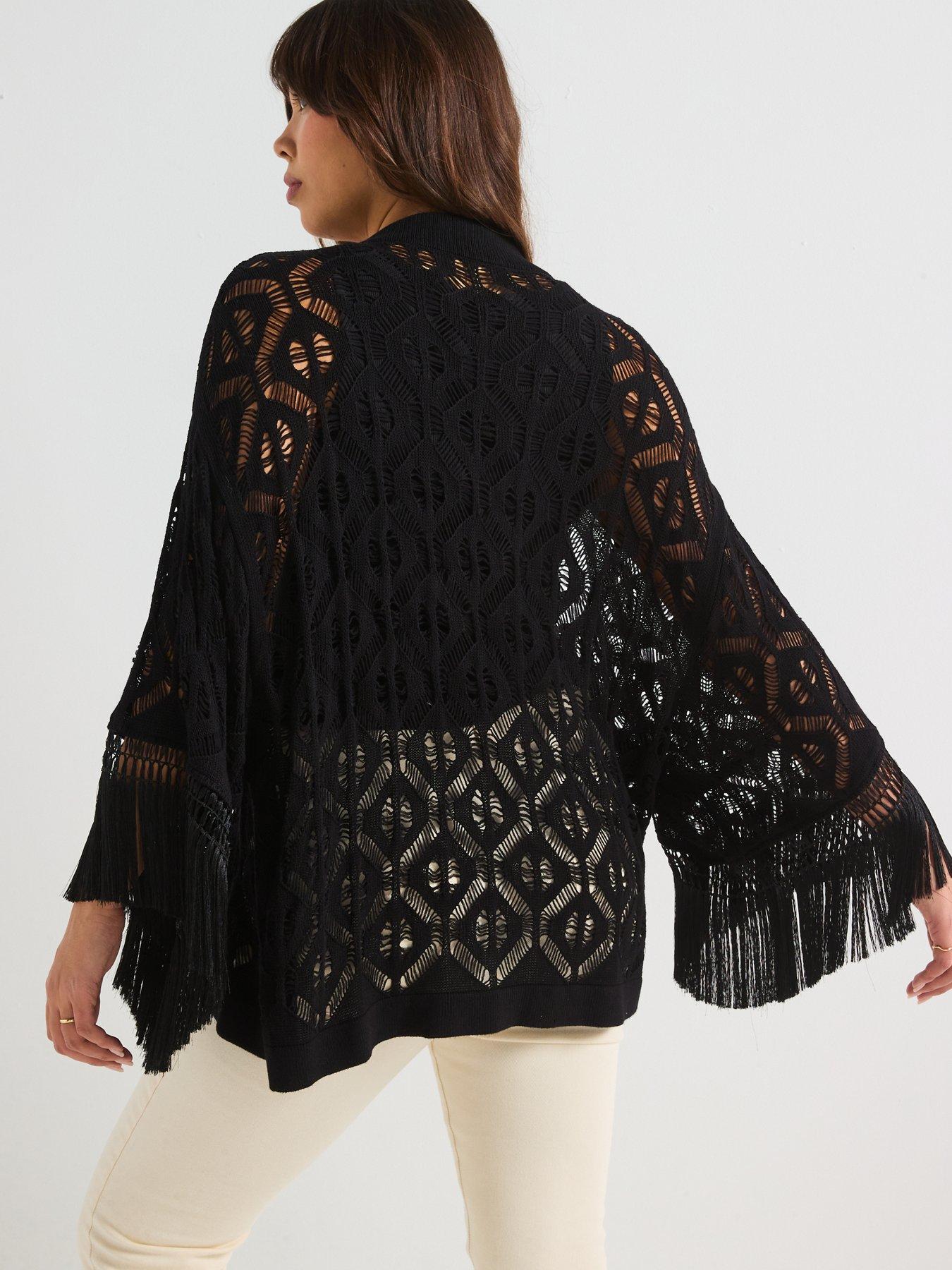  image of v-by-very-curve-fringed-knitted-kimono-black