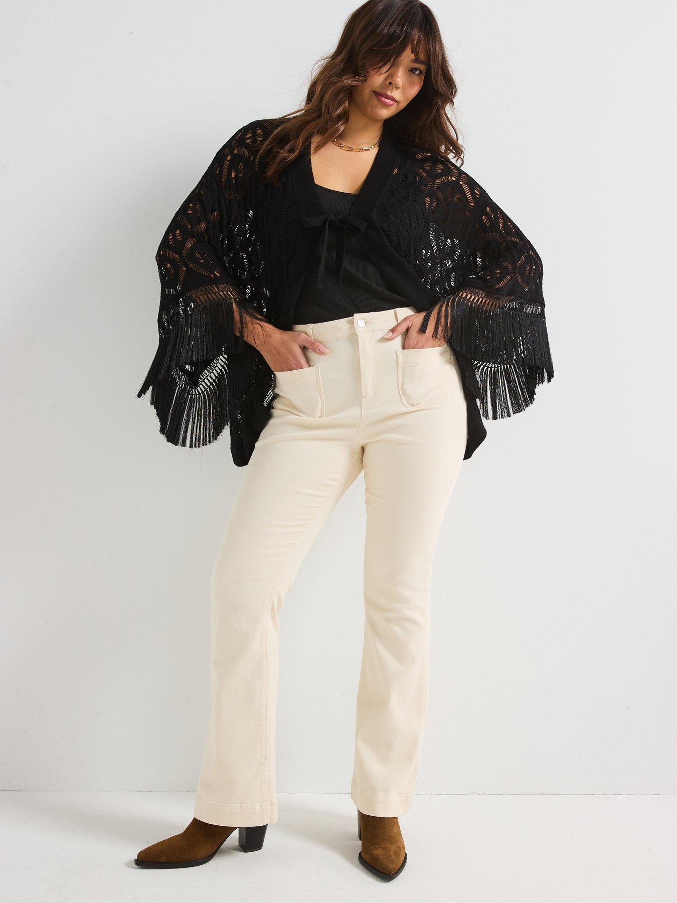  image of v-by-very-curve-fringed-knitted-kimono-black