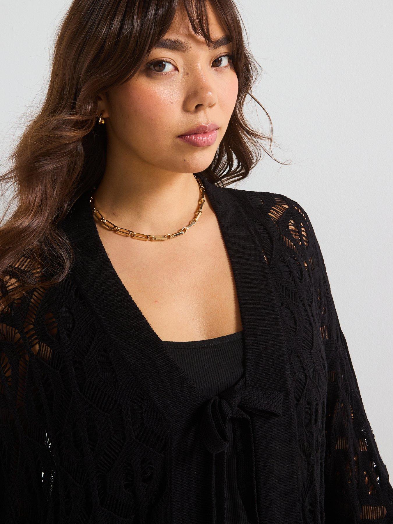  image of v-by-very-curve-fringed-knitted-kimono-black