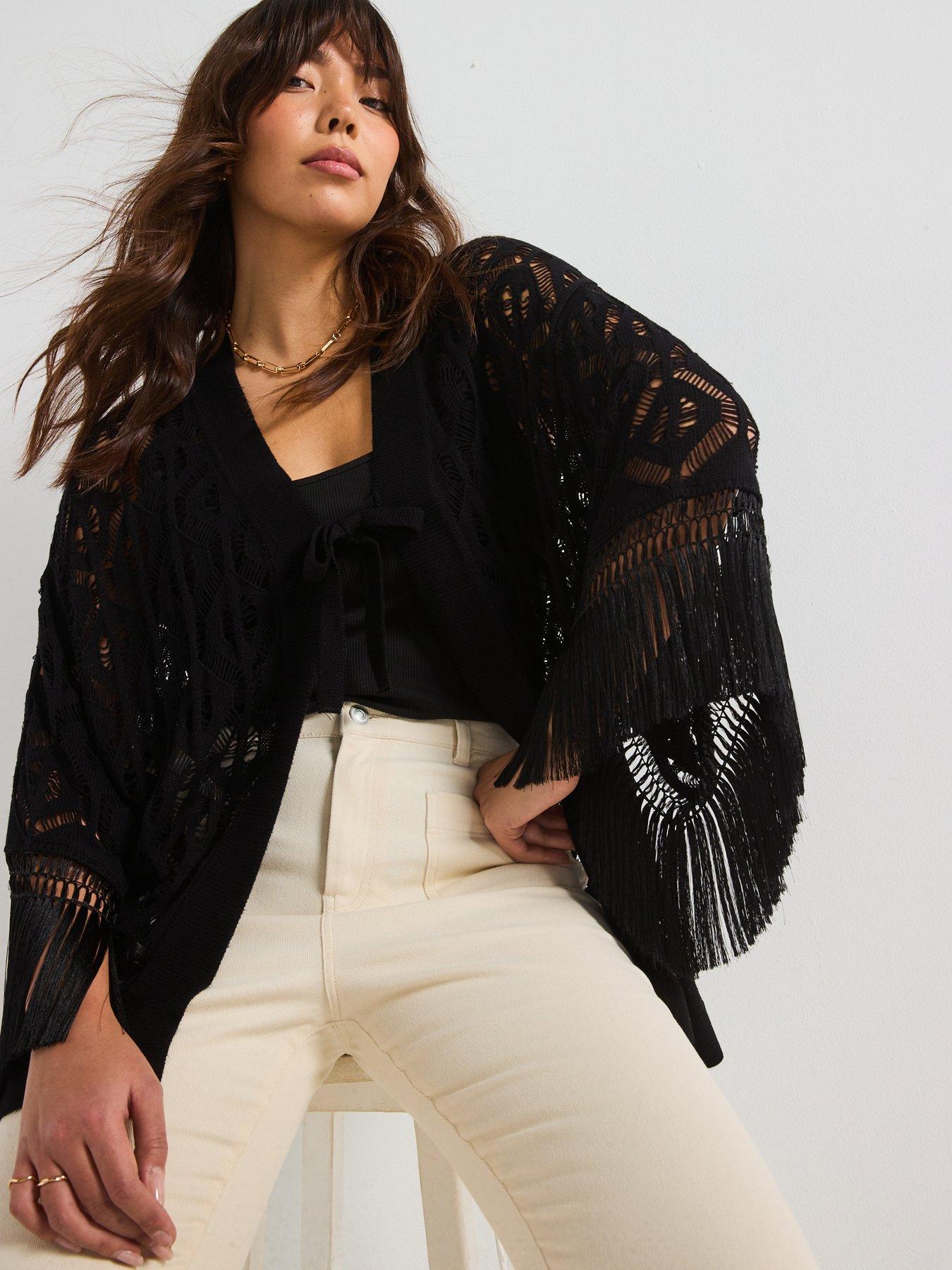  image of v-by-very-curve-fringed-knitted-kimono-black