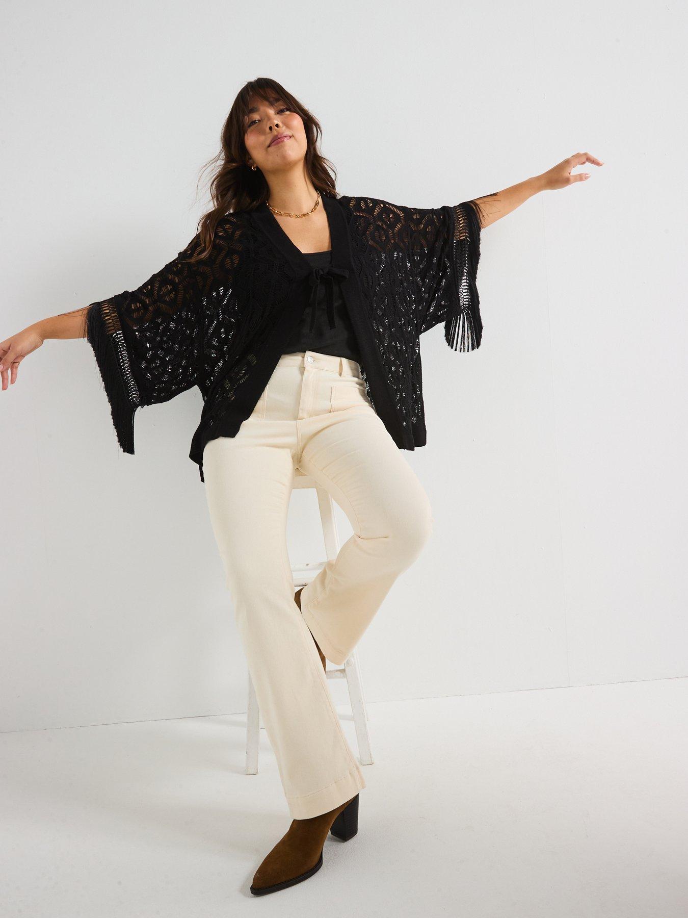  image of v-by-very-curve-fringed-knitted-kimono-black