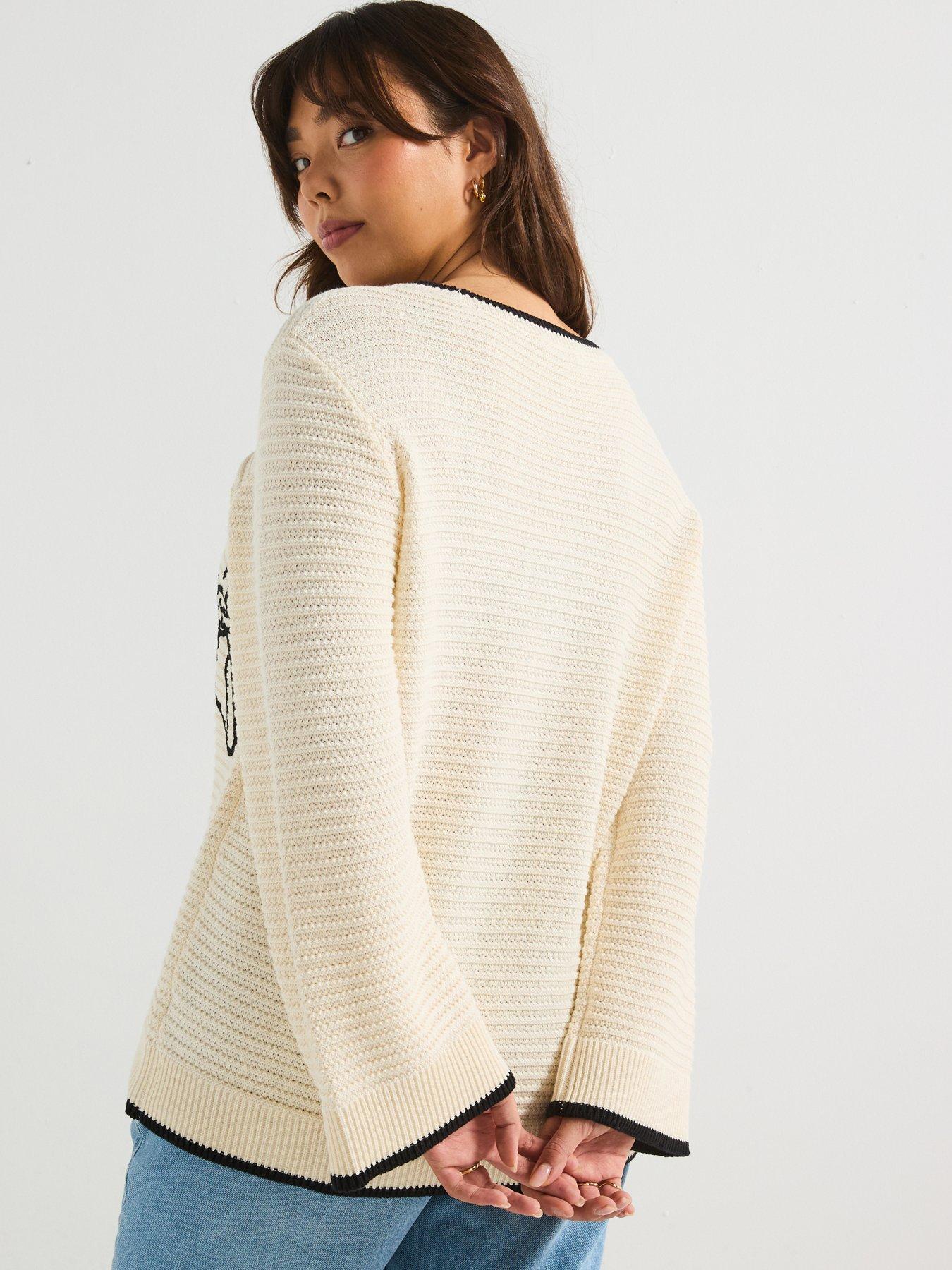  image of v-by-very-curve-floral-embroidered-knitted-jumper-beige