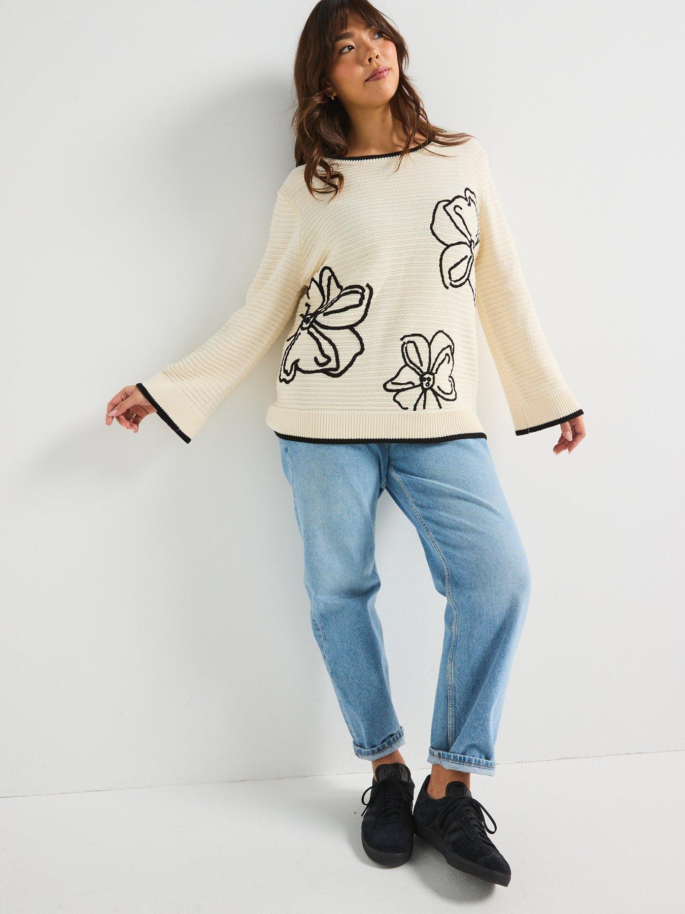  image of v-by-very-curve-floral-embroidered-knitted-jumper-beige