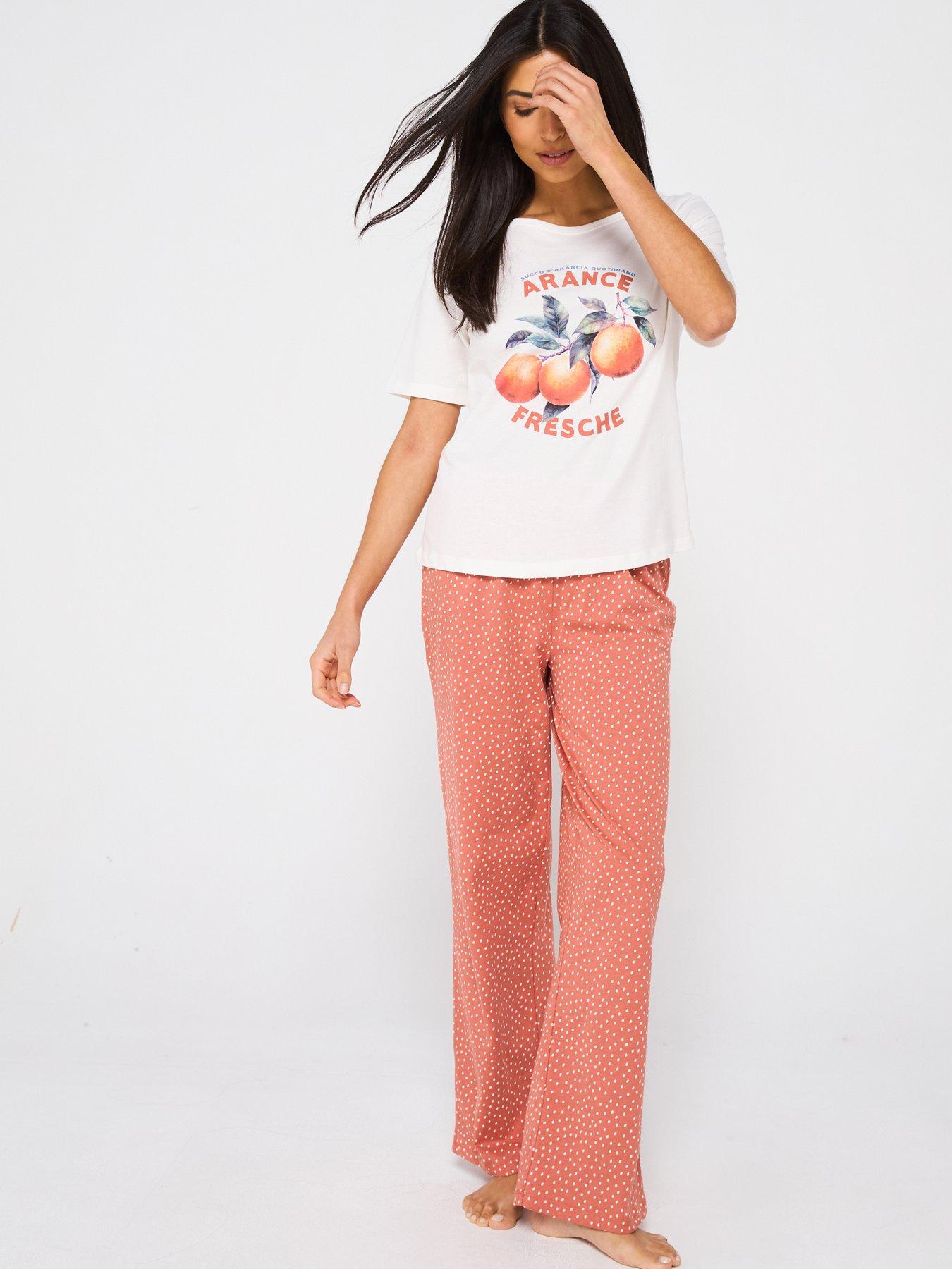 everyday-short-sleeve-orange-print-wide-leg-pyjama-set-tan