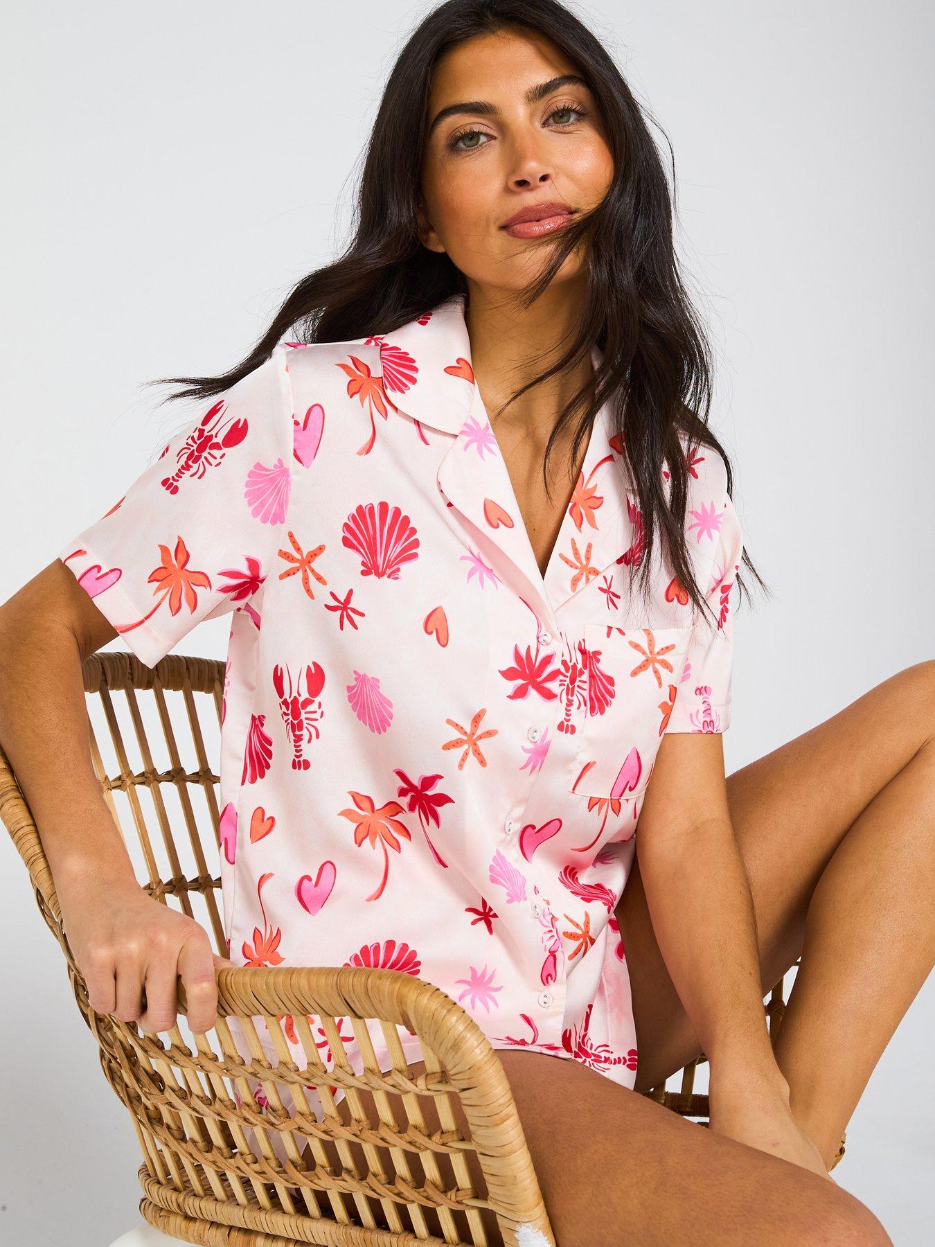  image of v-by-very-satin-beach-print-short-revere-set