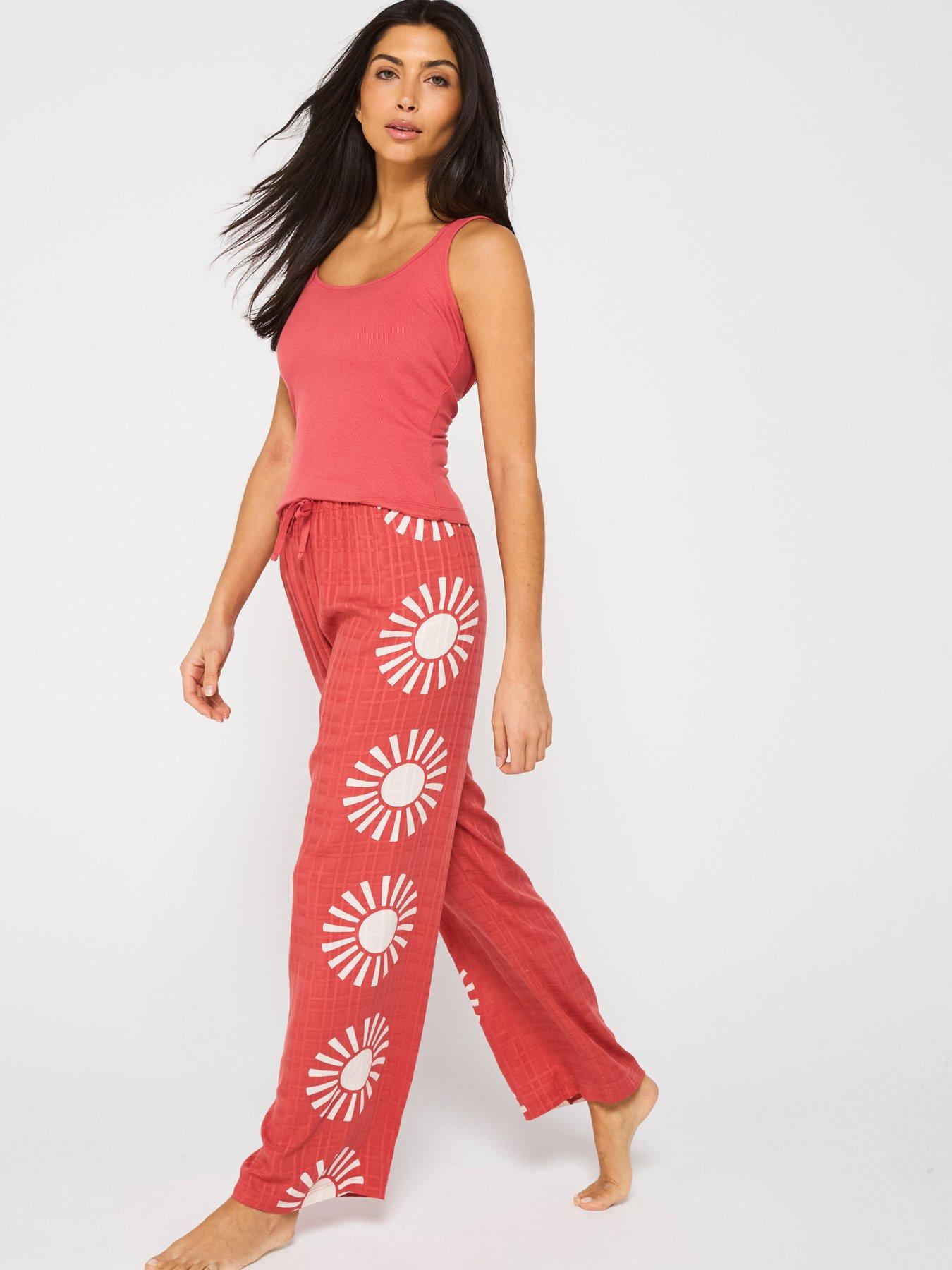  image of v-by-very-placement-print-woven-wide-leg-vest-top-pj-set