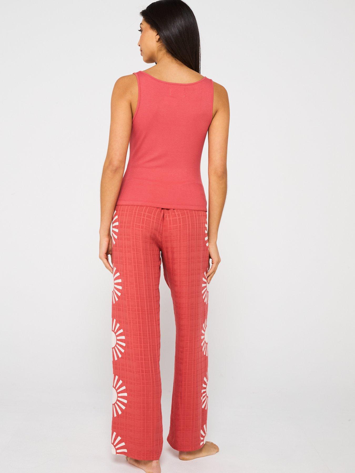  image of v-by-very-placement-print-woven-wide-leg-vest-top-pj-set