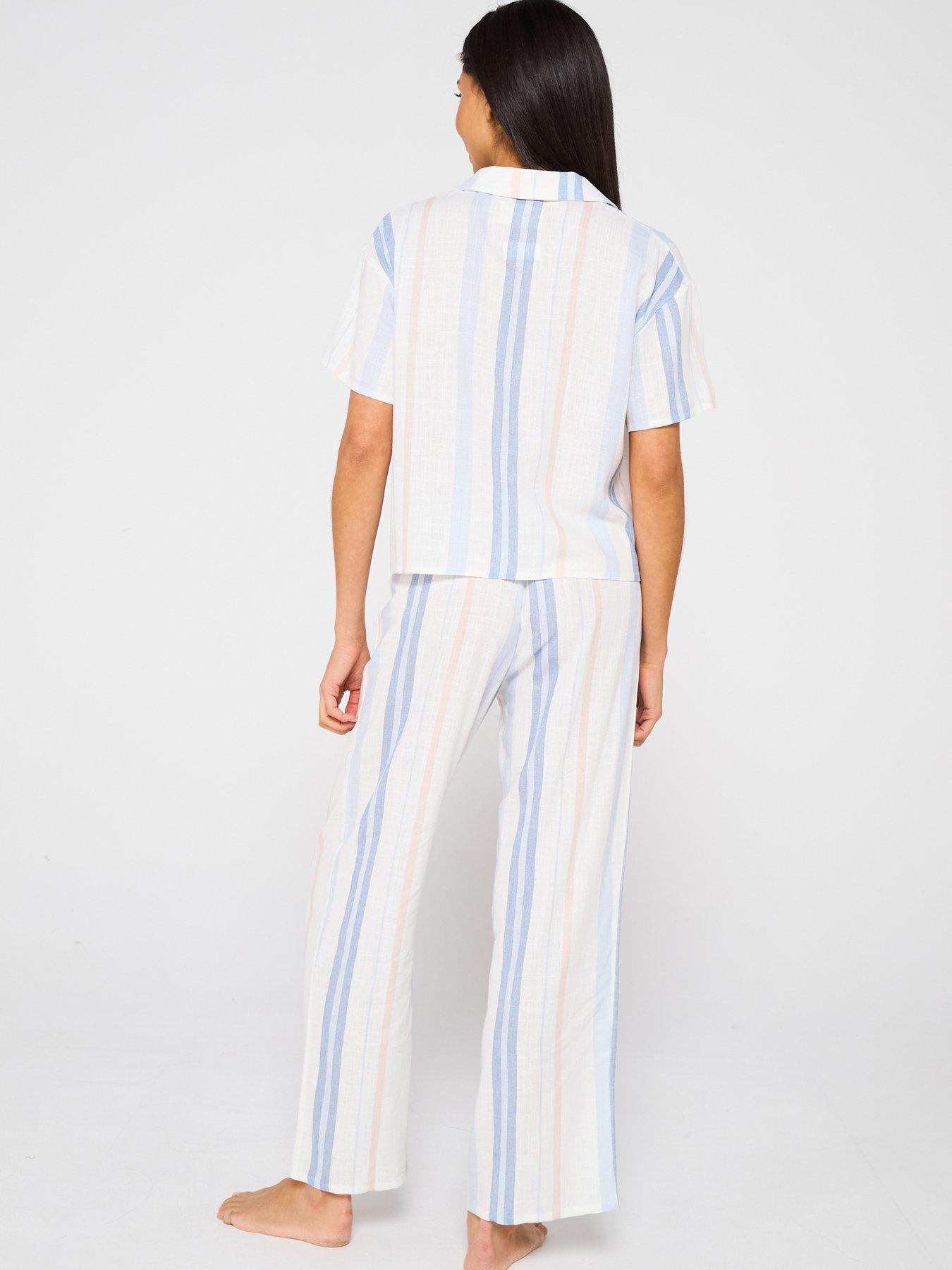  image of v-by-very-short-sleeve-linen-stripe-revere-set