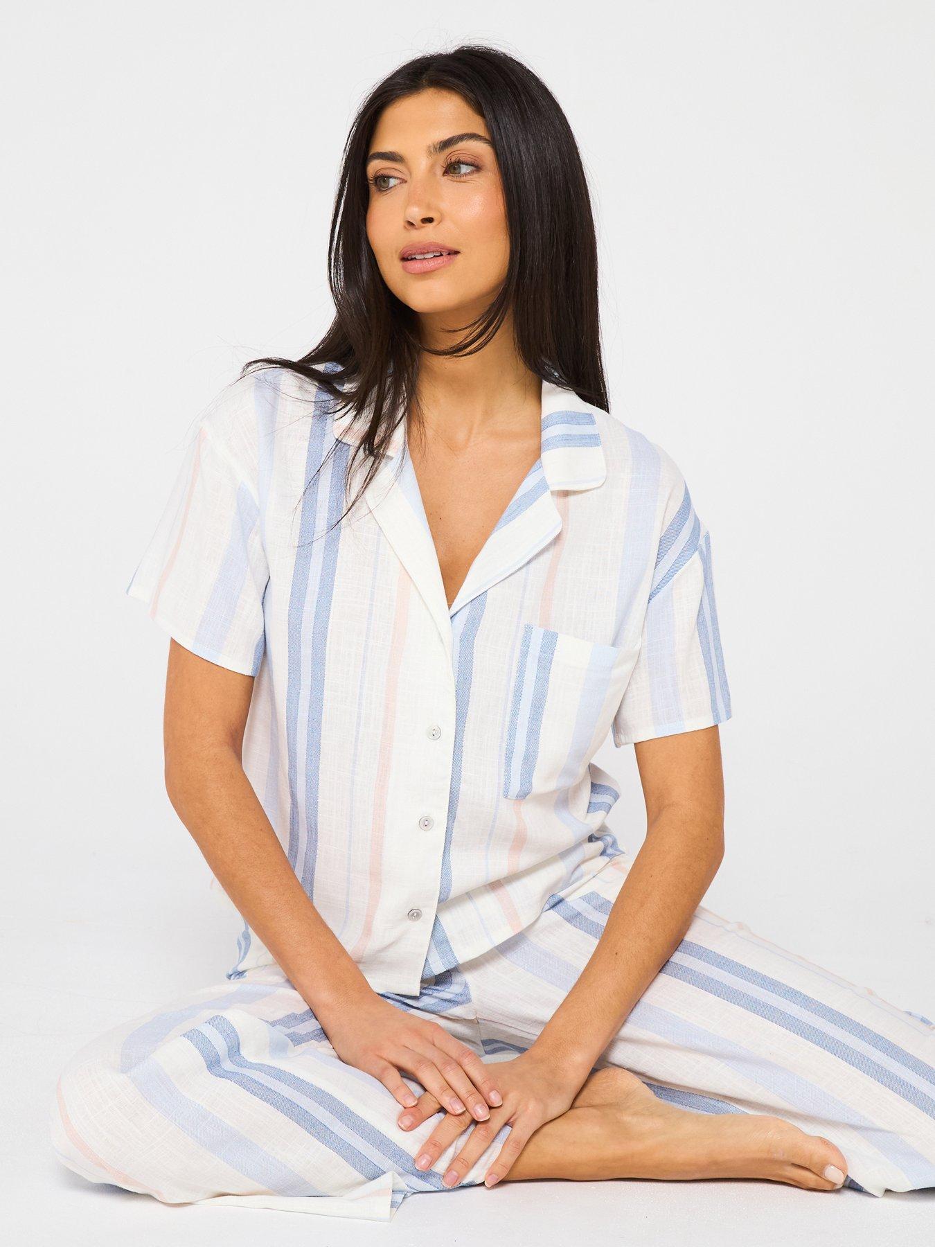  image of v-by-very-short-sleeve-linen-stripe-revere-set