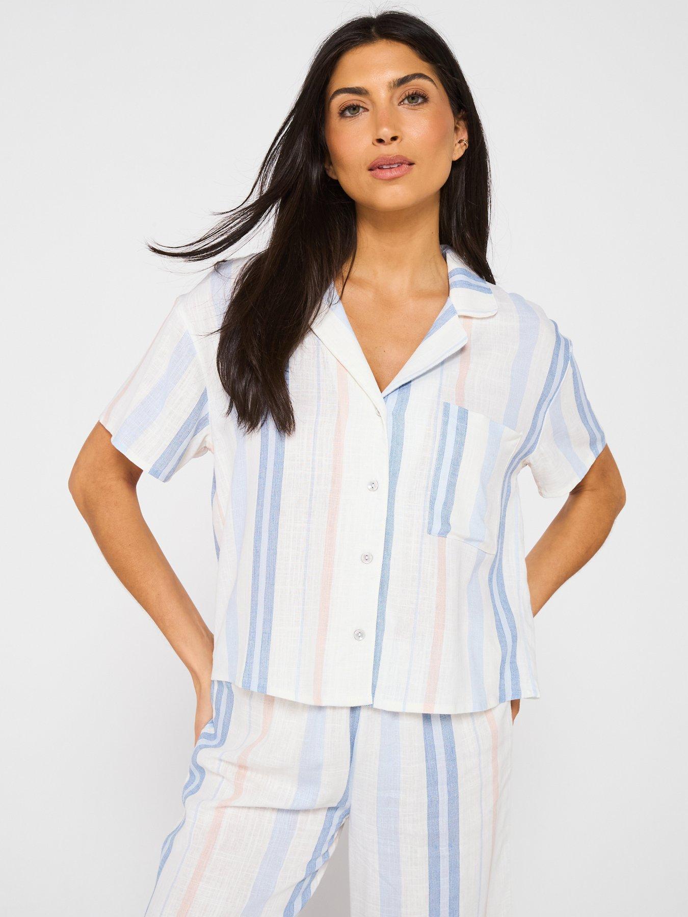  image of v-by-very-short-sleeve-linen-stripe-revere-set