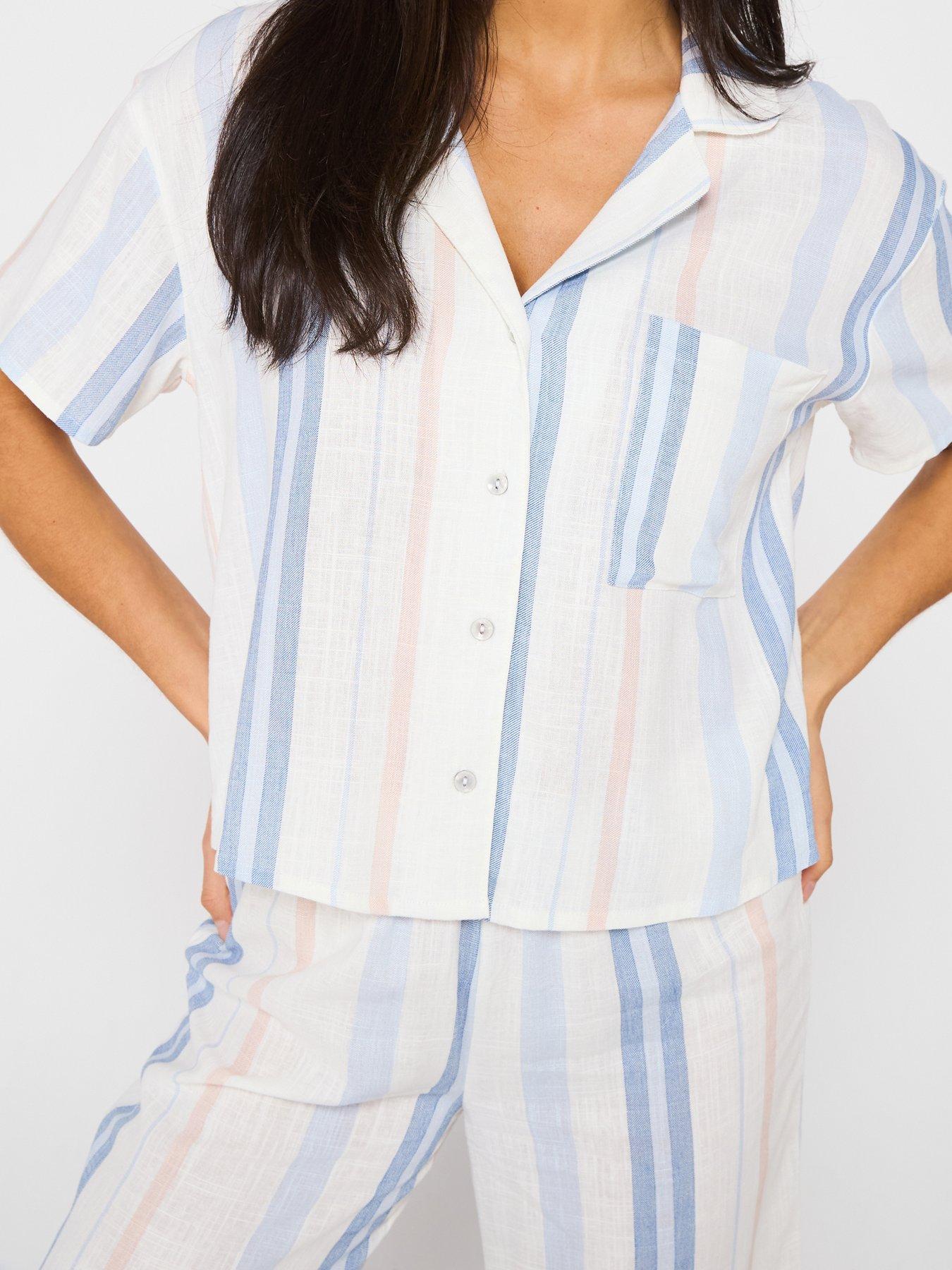  image of v-by-very-short-sleeve-linen-stripe-revere-set