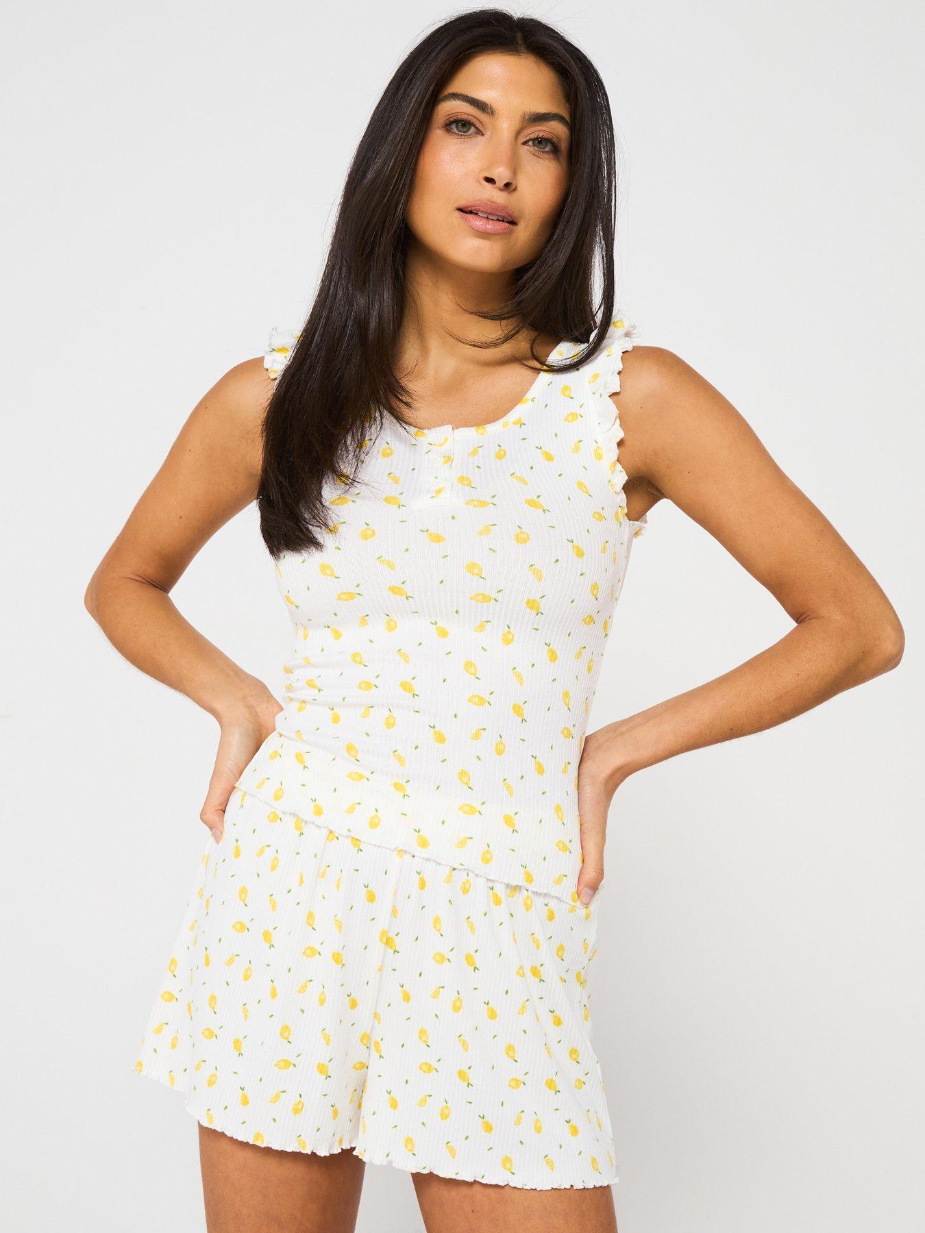  image of v-by-very-frill-lemon-print-vest-top-and-short-pj-set