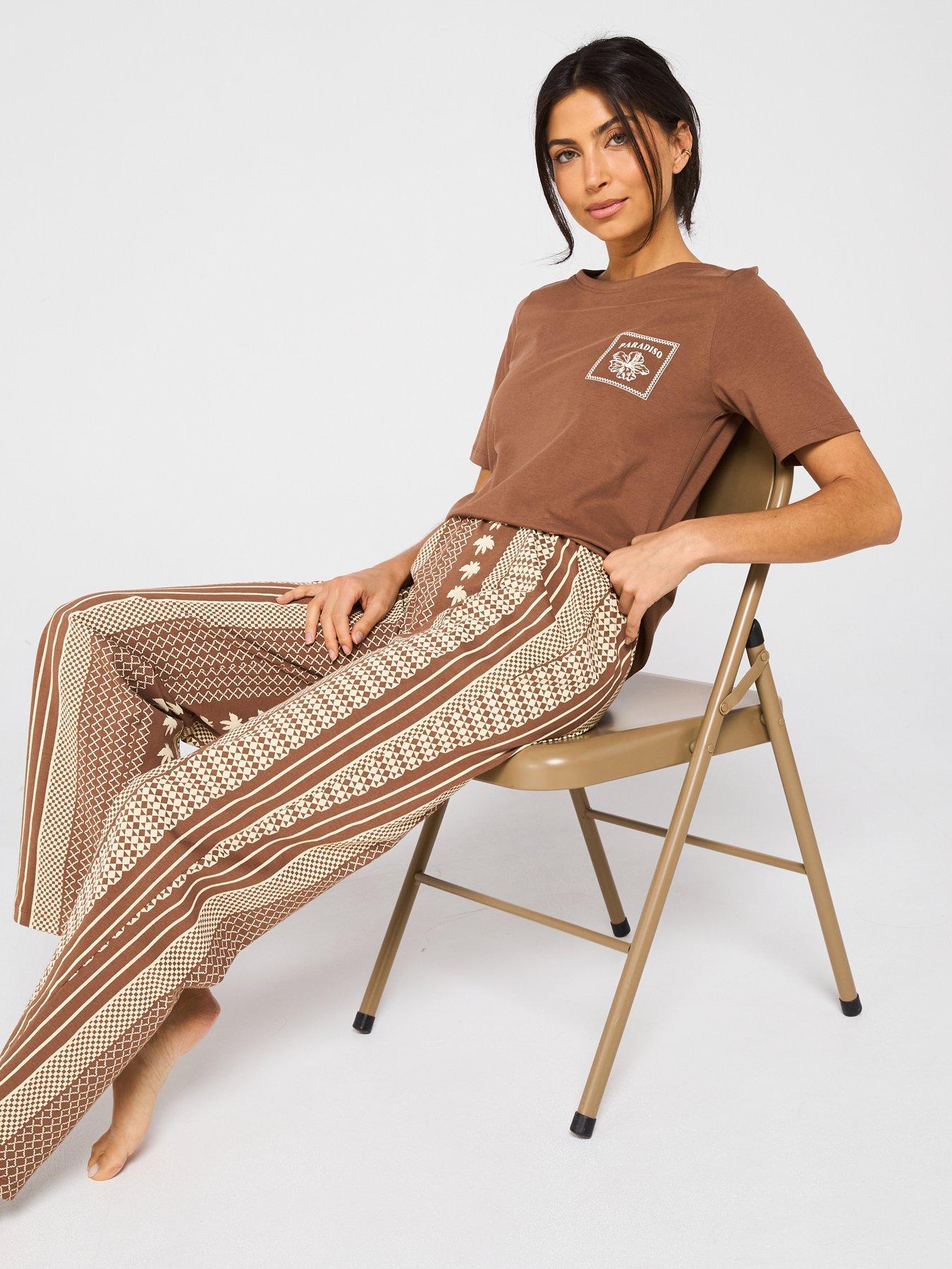  image of everyday-abstract-wide-leg-long-pyjama-set-beige