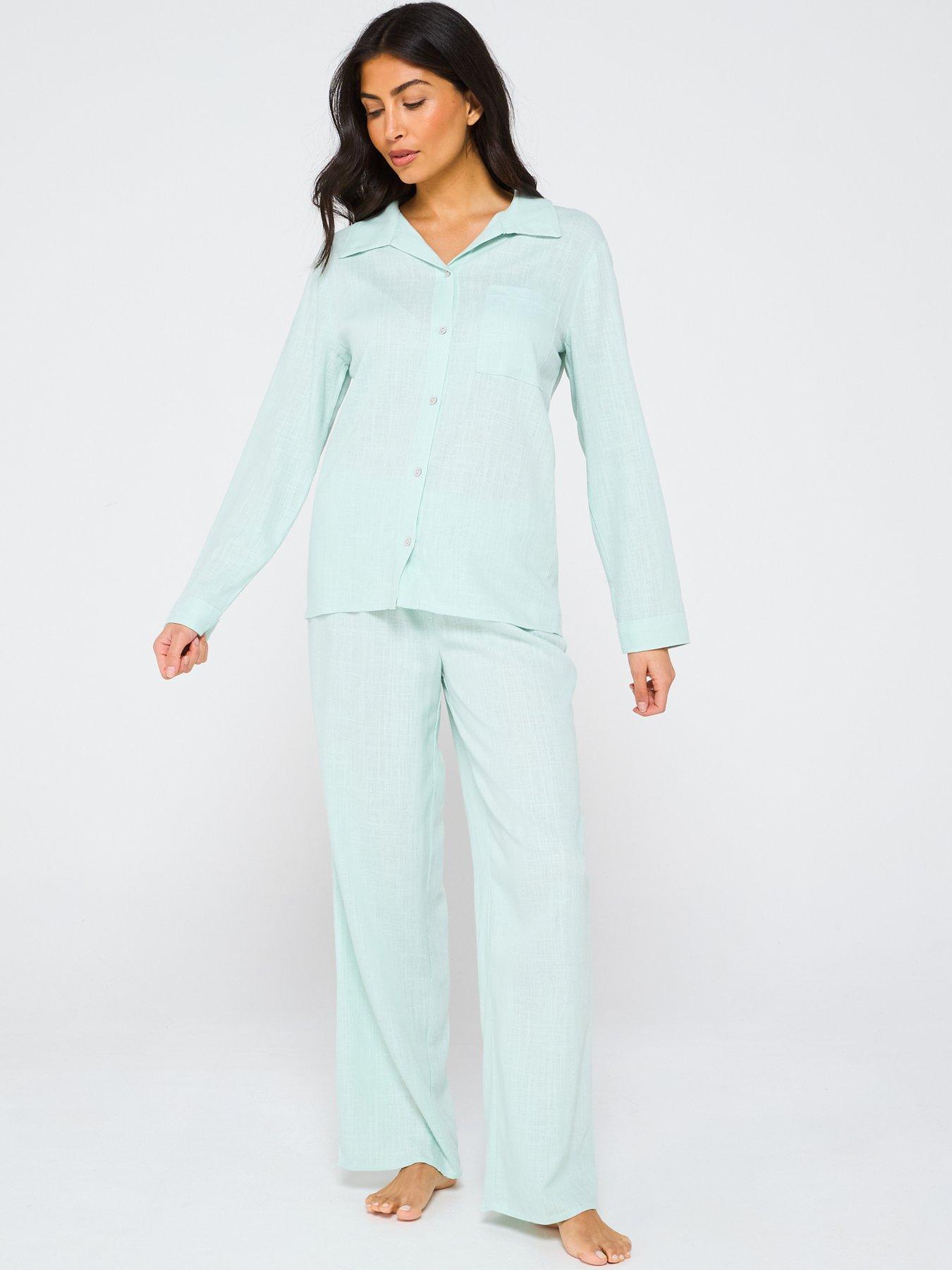  image of v-by-very-woven-patch-work-shirt-and-wide-leg-bottom-pj-set